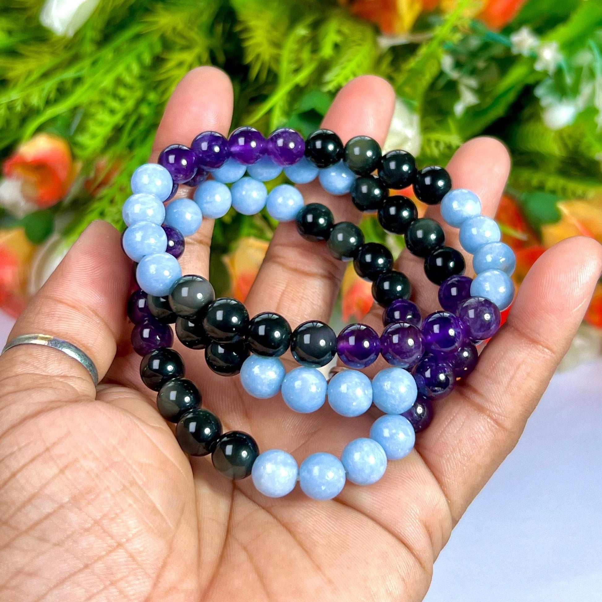 Pain Relief Crystal Bracelet – Amethyst, Rainbow Obsidian & Angelite – 8mm Natural Gemstone Beads