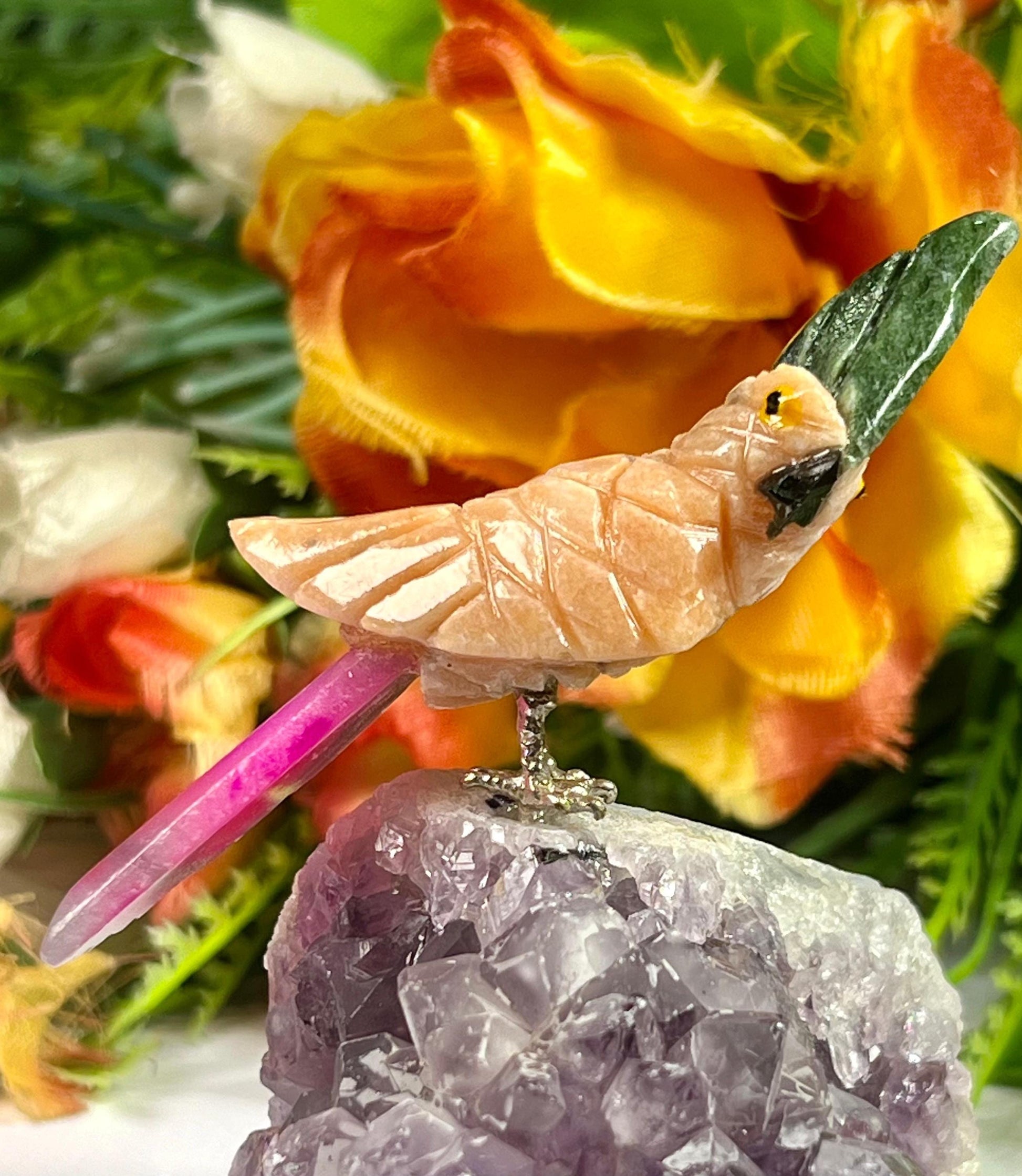 Beautiful Peach Moonstone Crystal Parrot Bird On Amethyst Geode Mineral- Healing Crystal - Home Decoration - Reiki Healing - Gift for All