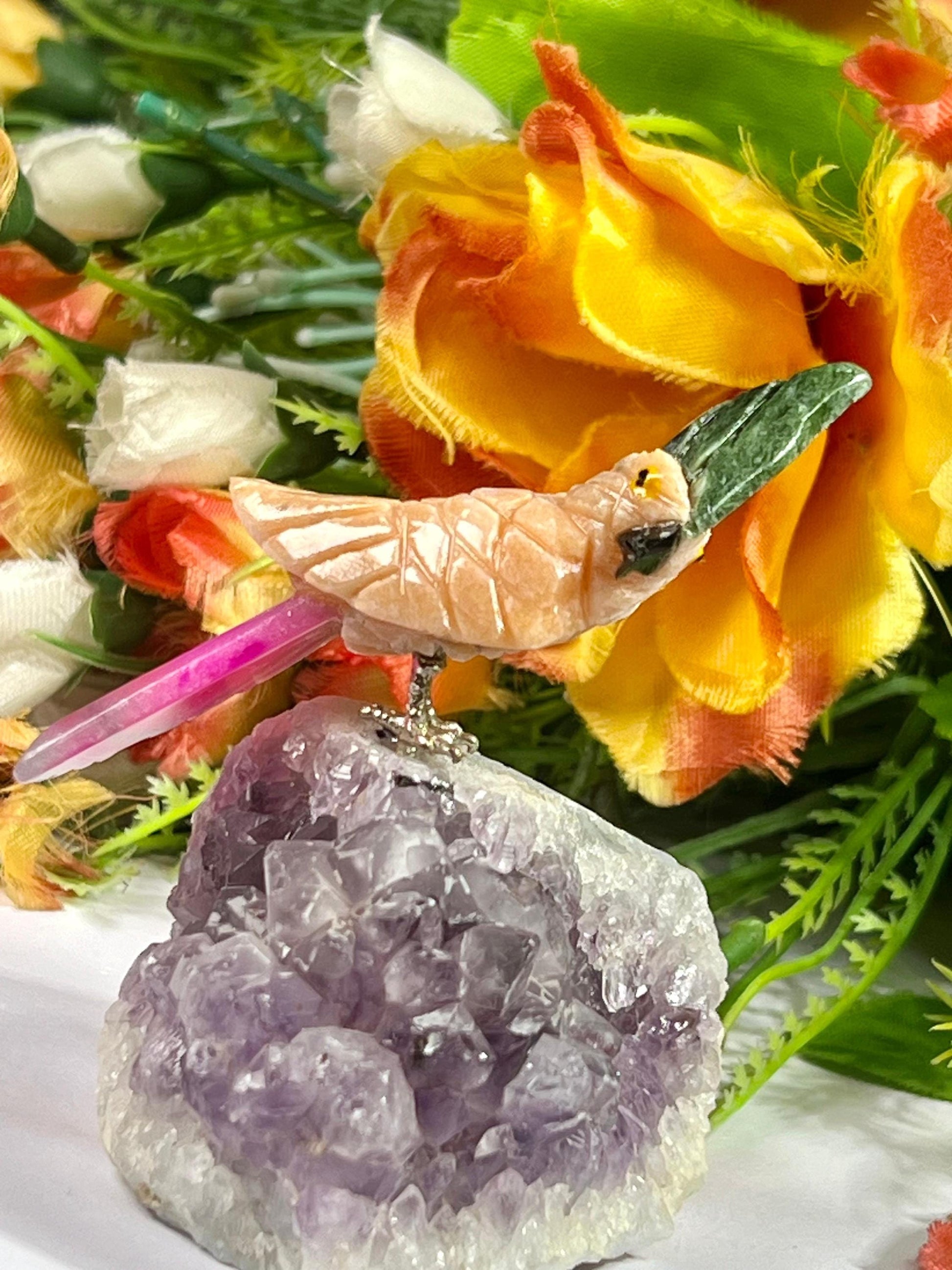 Beautiful Peach Moonstone Crystal Parrot Bird On Amethyst Geode Mineral- Healing Crystal - Home Decoration - Reiki Healing - Gift for All