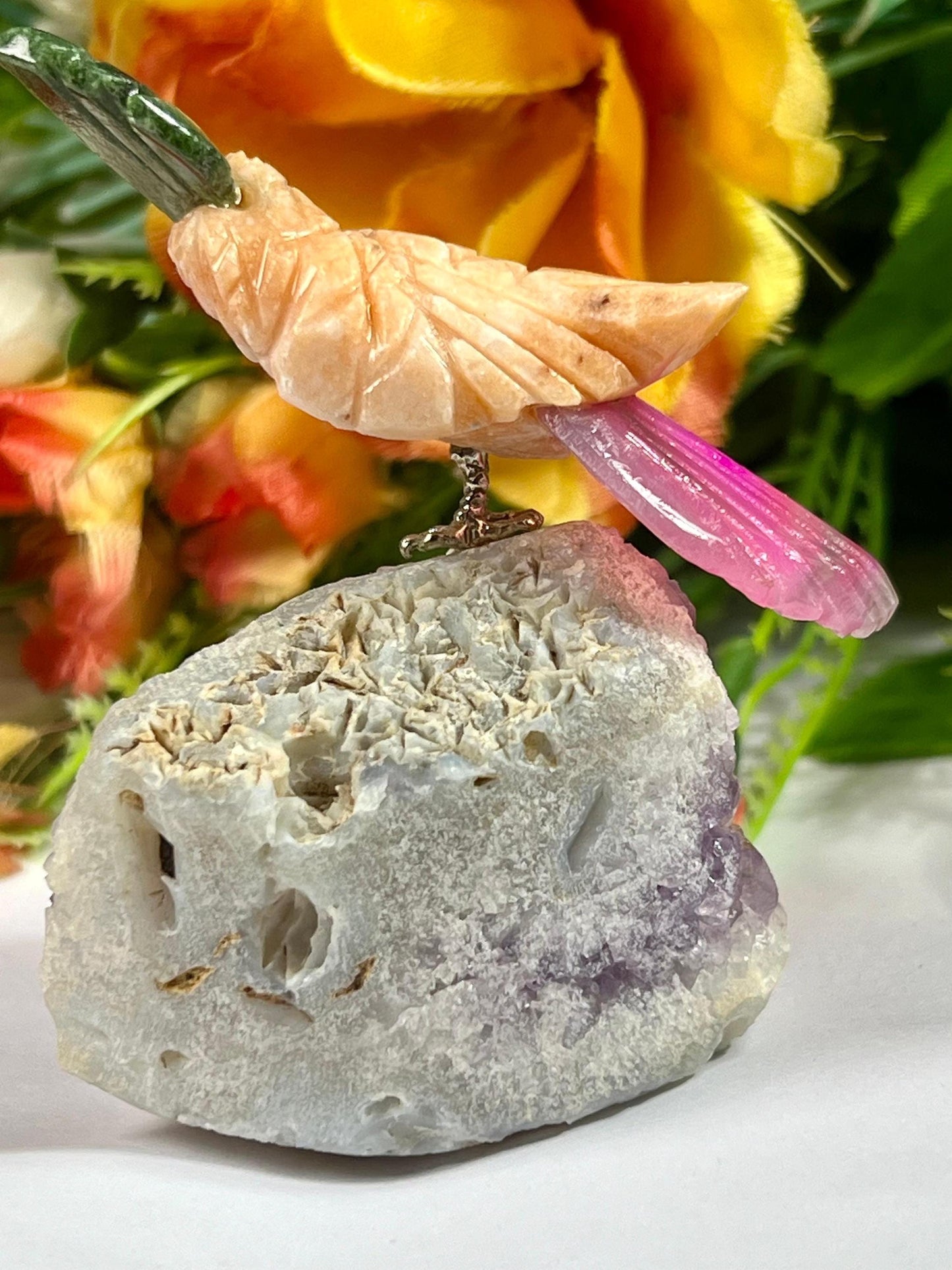 Beautiful Peach Moonstone Crystal Parrot Bird On Amethyst Geode Mineral- Healing Crystal - Home Decoration - Reiki Healing - Gift for All