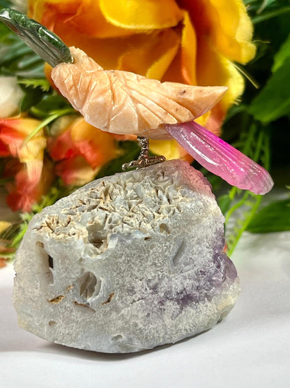 Beautiful Peach Moonstone Crystal Parrot Bird On Amethyst Geode Mineral- Healing Crystal - Home Decoration - Reiki Healing - Gift for All