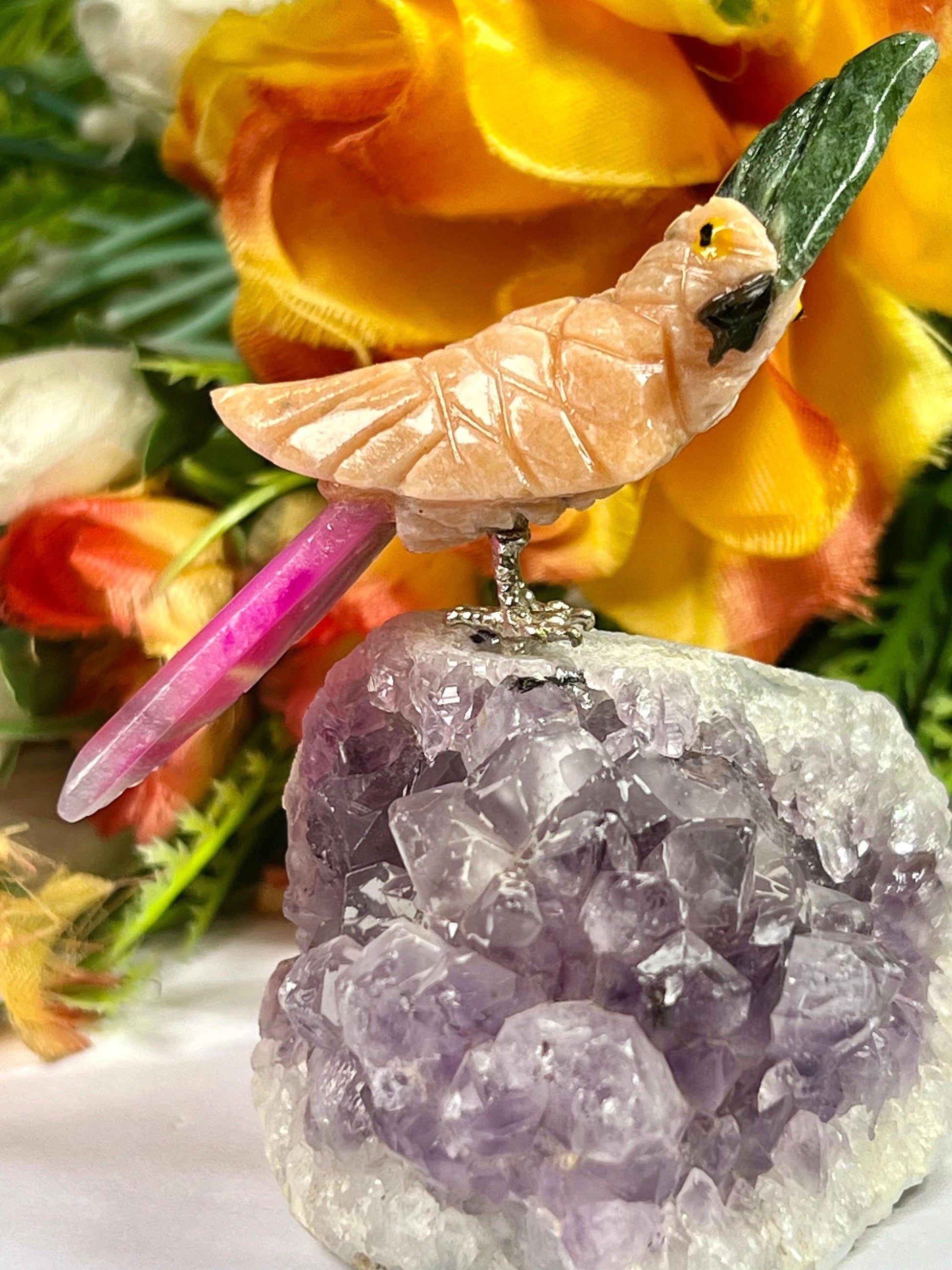 Beautiful Peach Moonstone Crystal Parrot Bird On Amethyst Geode Mineral- Healing Crystal - Home Decoration - Reiki Healing - Gift for All
