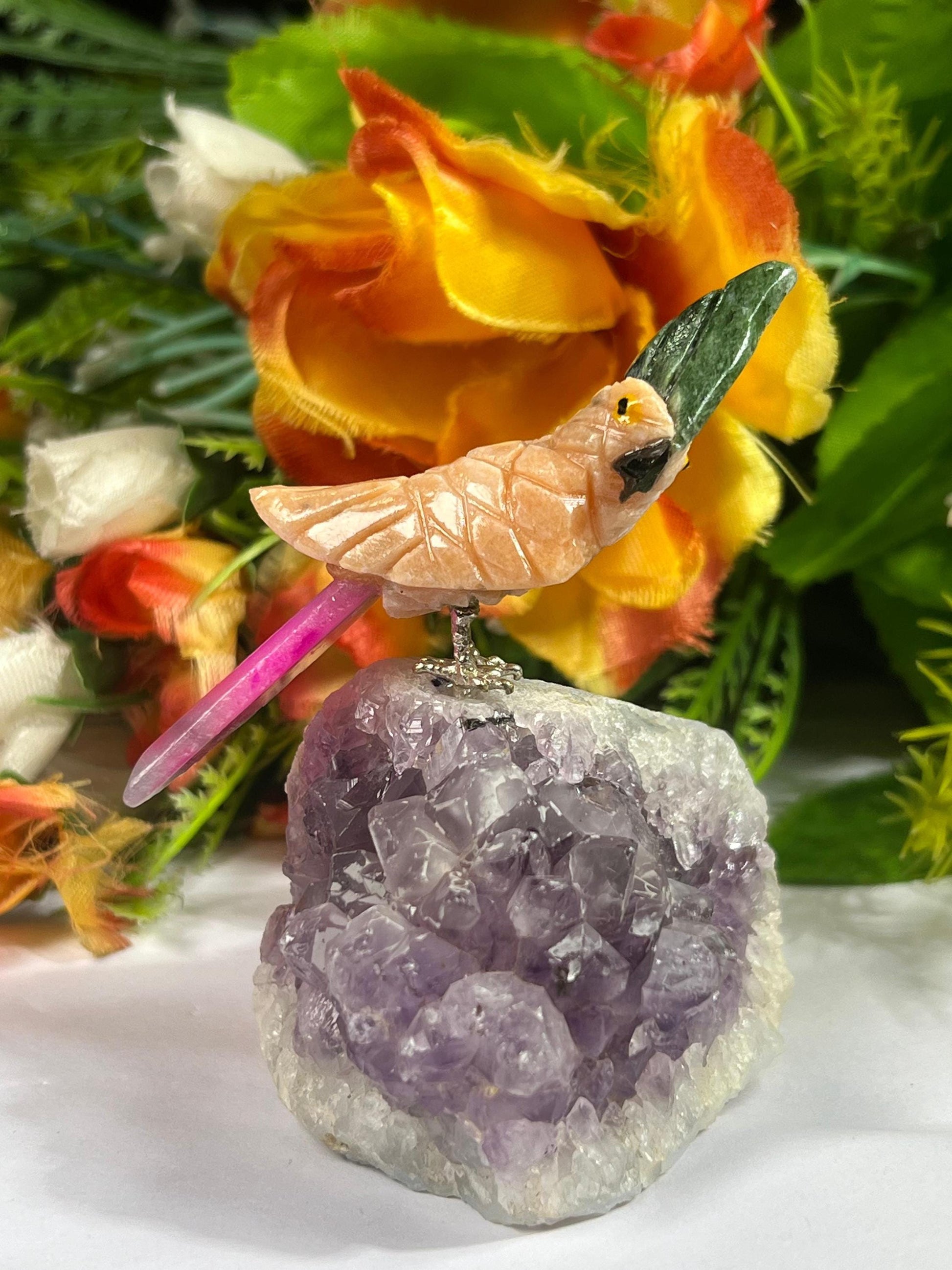 Beautiful Peach Moonstone Crystal Parrot Bird On Amethyst Geode Mineral- Healing Crystal - Home Decoration - Reiki Healing - Gift for All