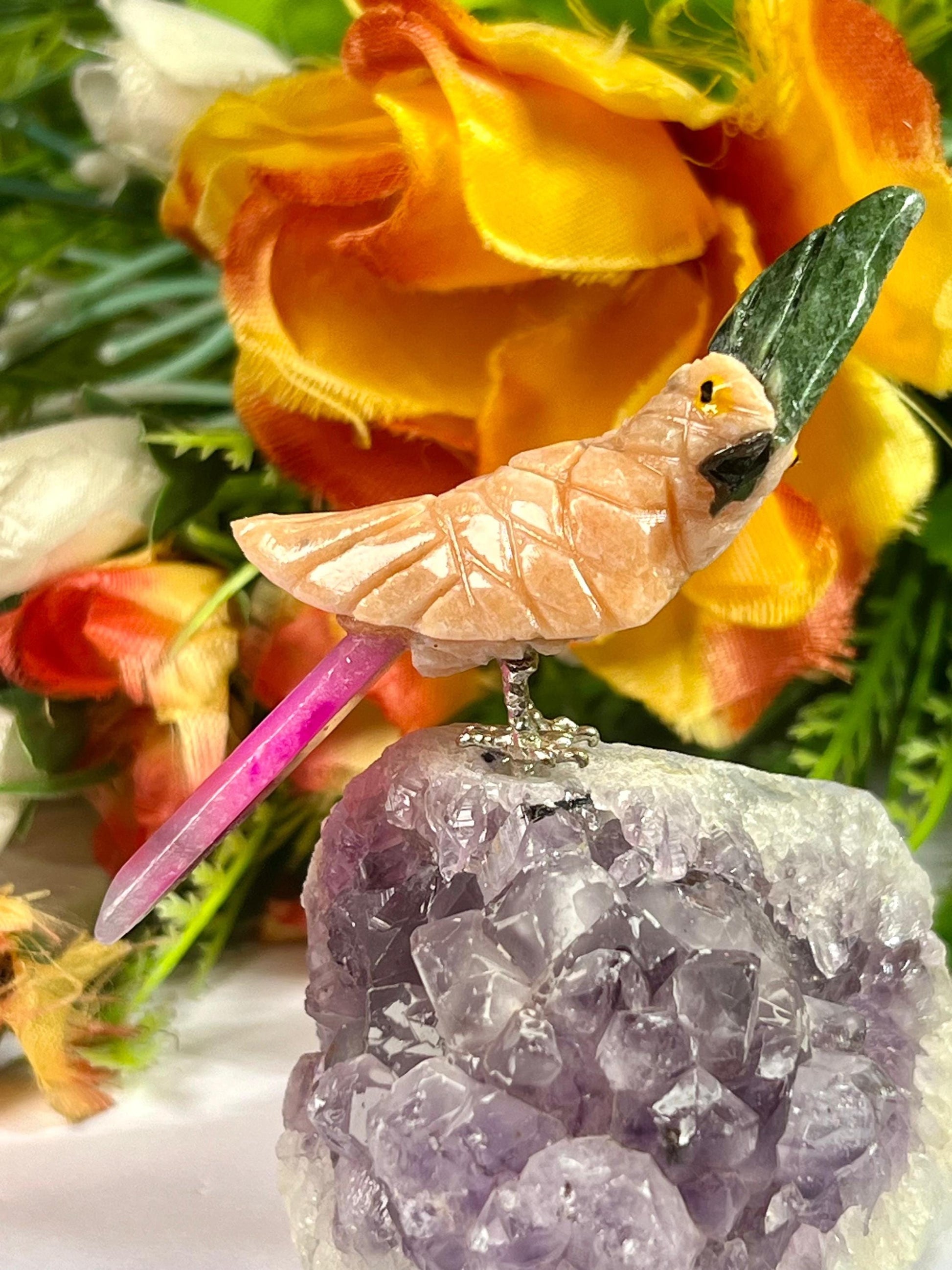 Beautiful Peach Moonstone Crystal Parrot Bird On Amethyst Geode Mineral- Healing Crystal - Home Decoration - Reiki Healing - Gift for All
