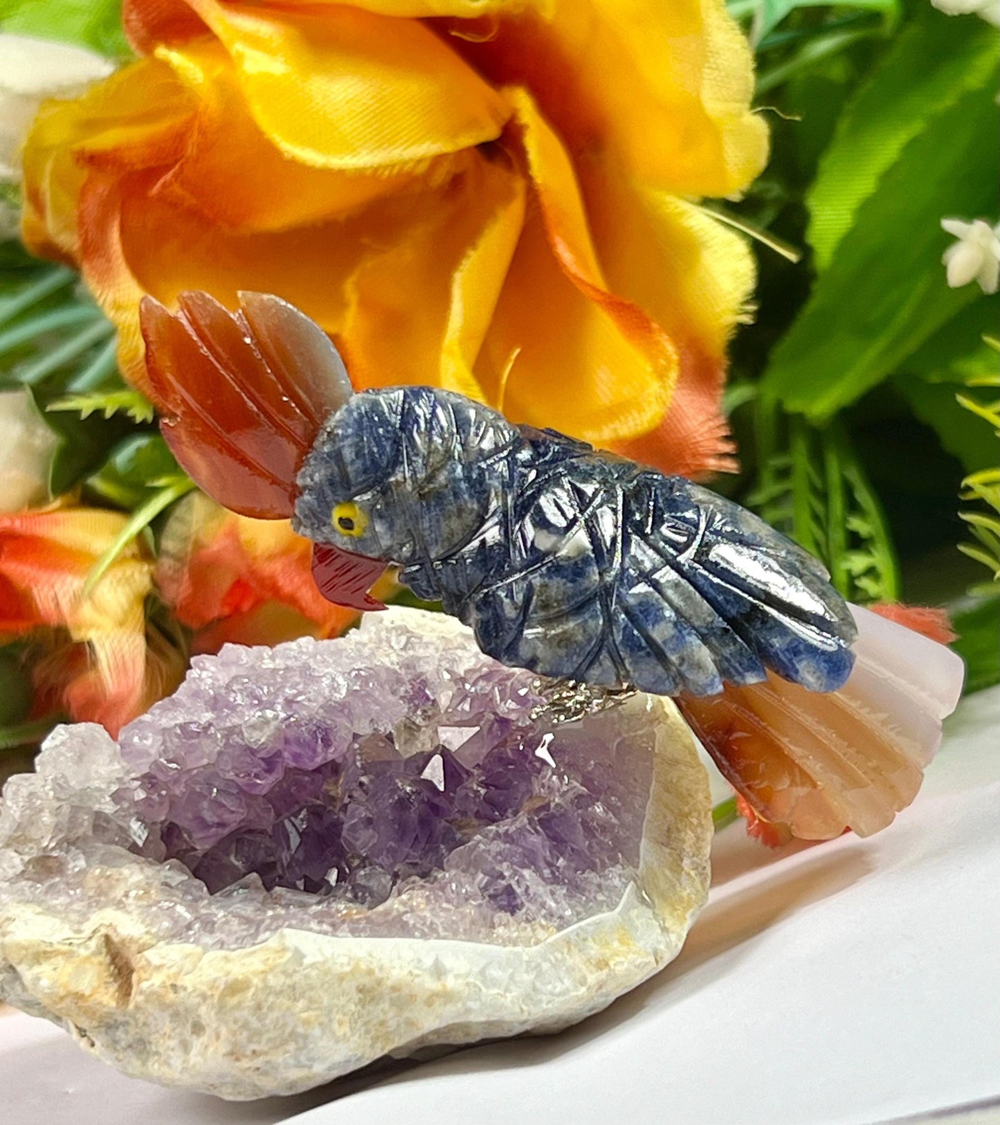 Beautiful Dumortierite Stone Parrot Bird On Amethyst Geode Mineral Healing Crystal - Home Decoration-Reiki Healing - Gift for All