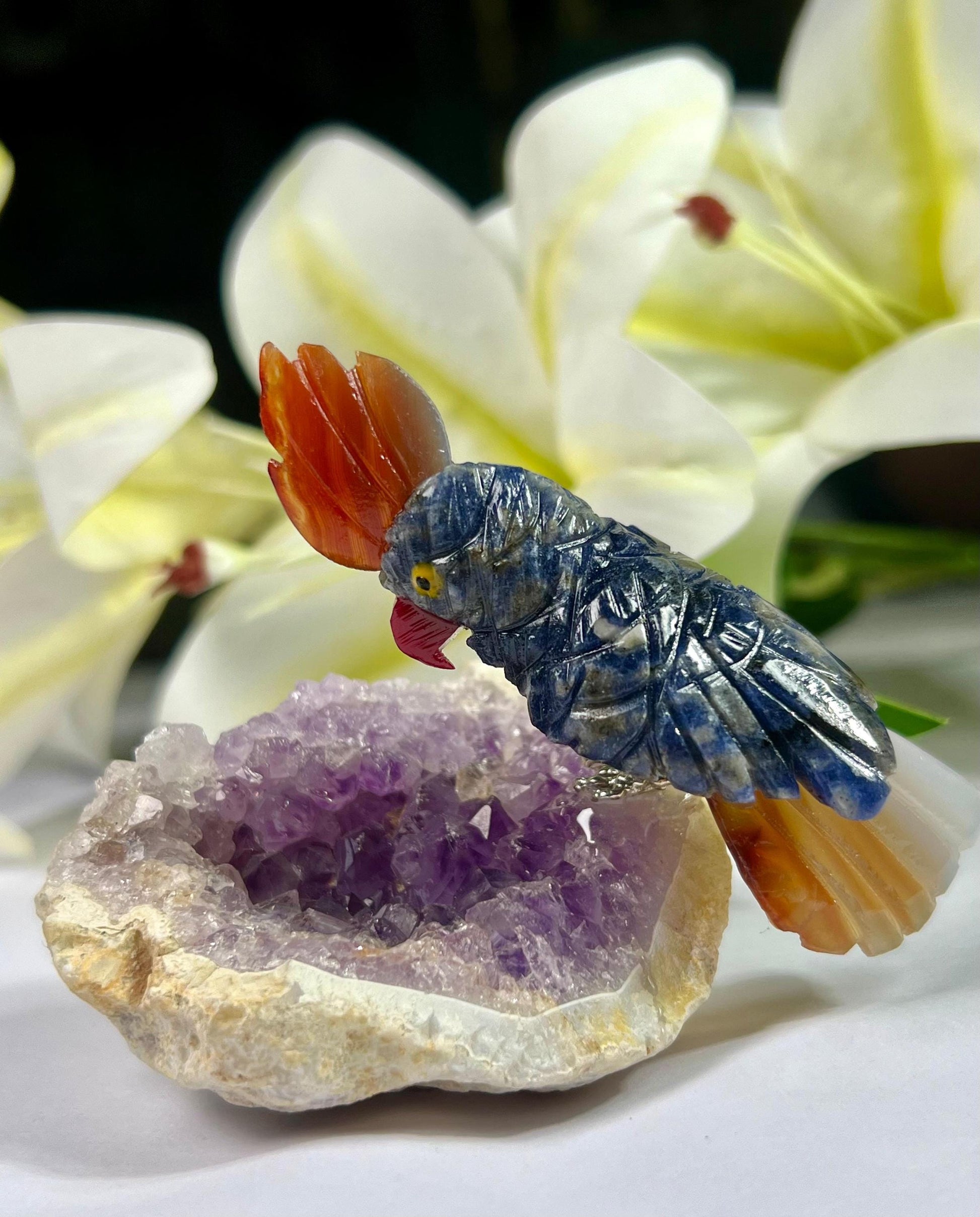 Beautiful Dumortierite Stone Parrot Bird On Amethyst Geode Mineral Healing Crystal - Home Decoration-Reiki Healing - Gift for All