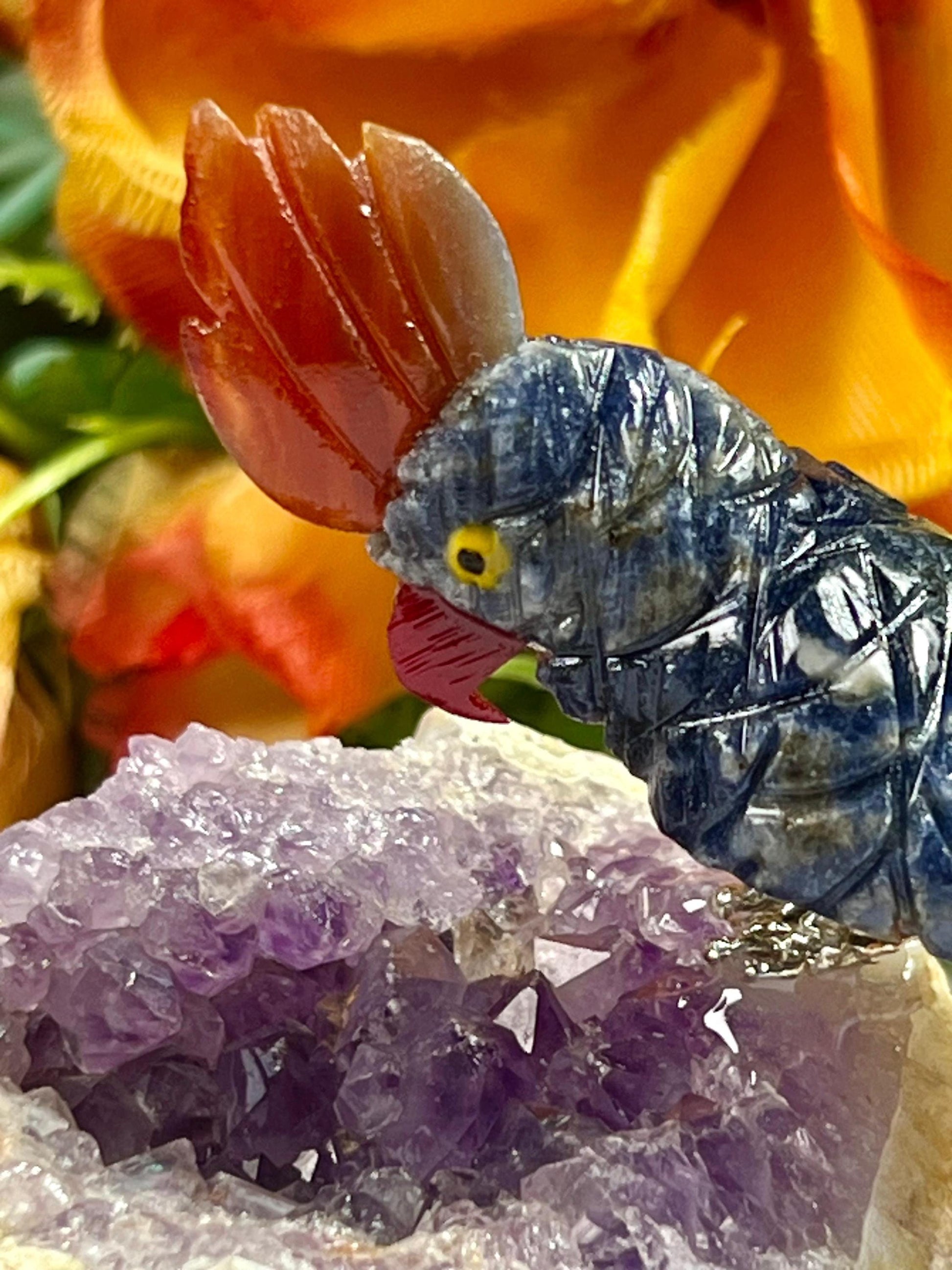 Beautiful Dumortierite Stone Parrot Bird On Amethyst Geode Mineral Healing Crystal - Home Decoration-Reiki Healing - Gift for All