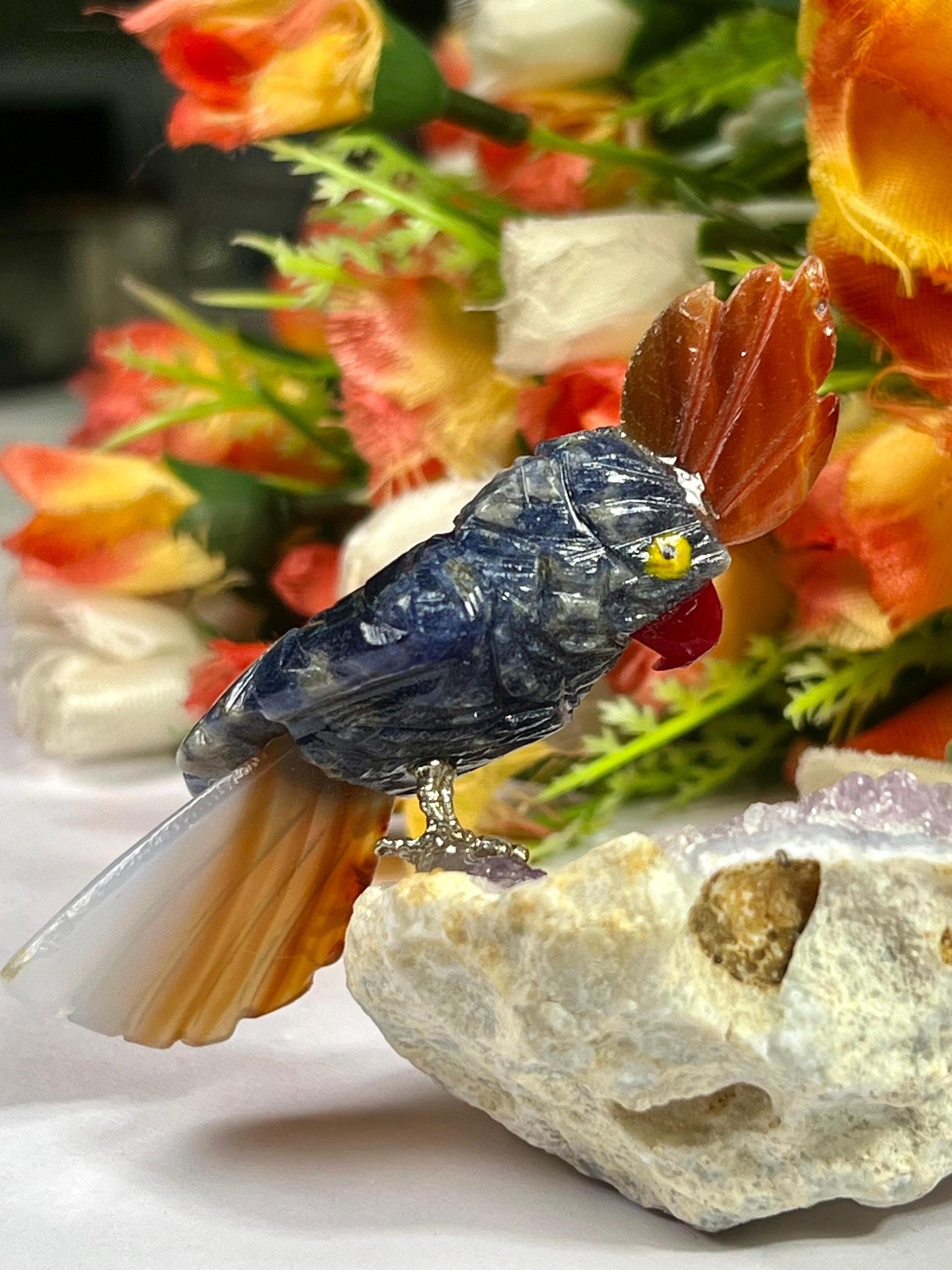 Beautiful Dumortierite Stone Parrot Bird On Amethyst Geode Mineral Healing Crystal - Home Decoration-Reiki Healing - Gift for All