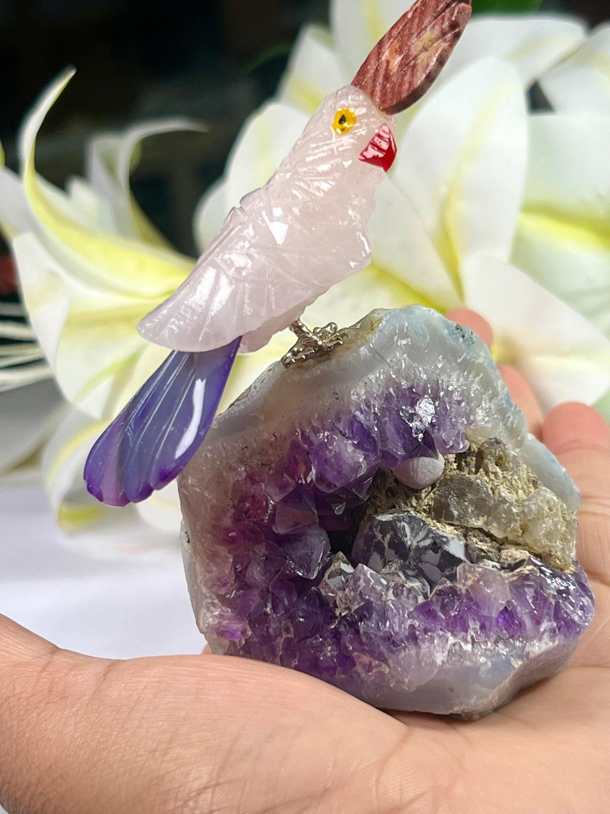Beautiful Rose Quartz Stone Parrot Bird On Amethyst Geode Mineral Healing Crystal - Home Decoration-Reiki Healing - Gift for All