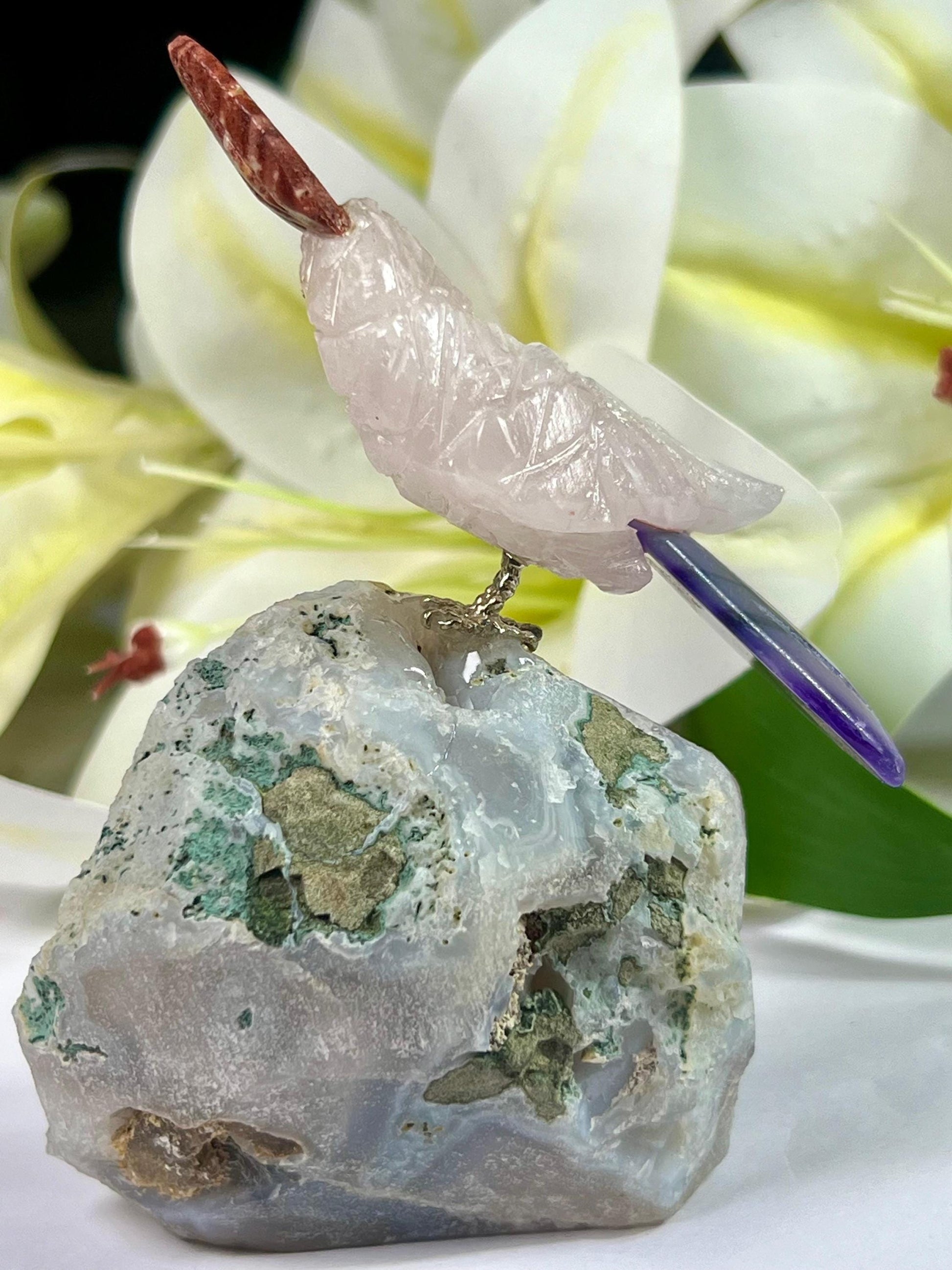 Beautiful Rose Quartz Stone Parrot Bird On Amethyst Geode Mineral Healing Crystal - Home Decoration-Reiki Healing - Gift for All