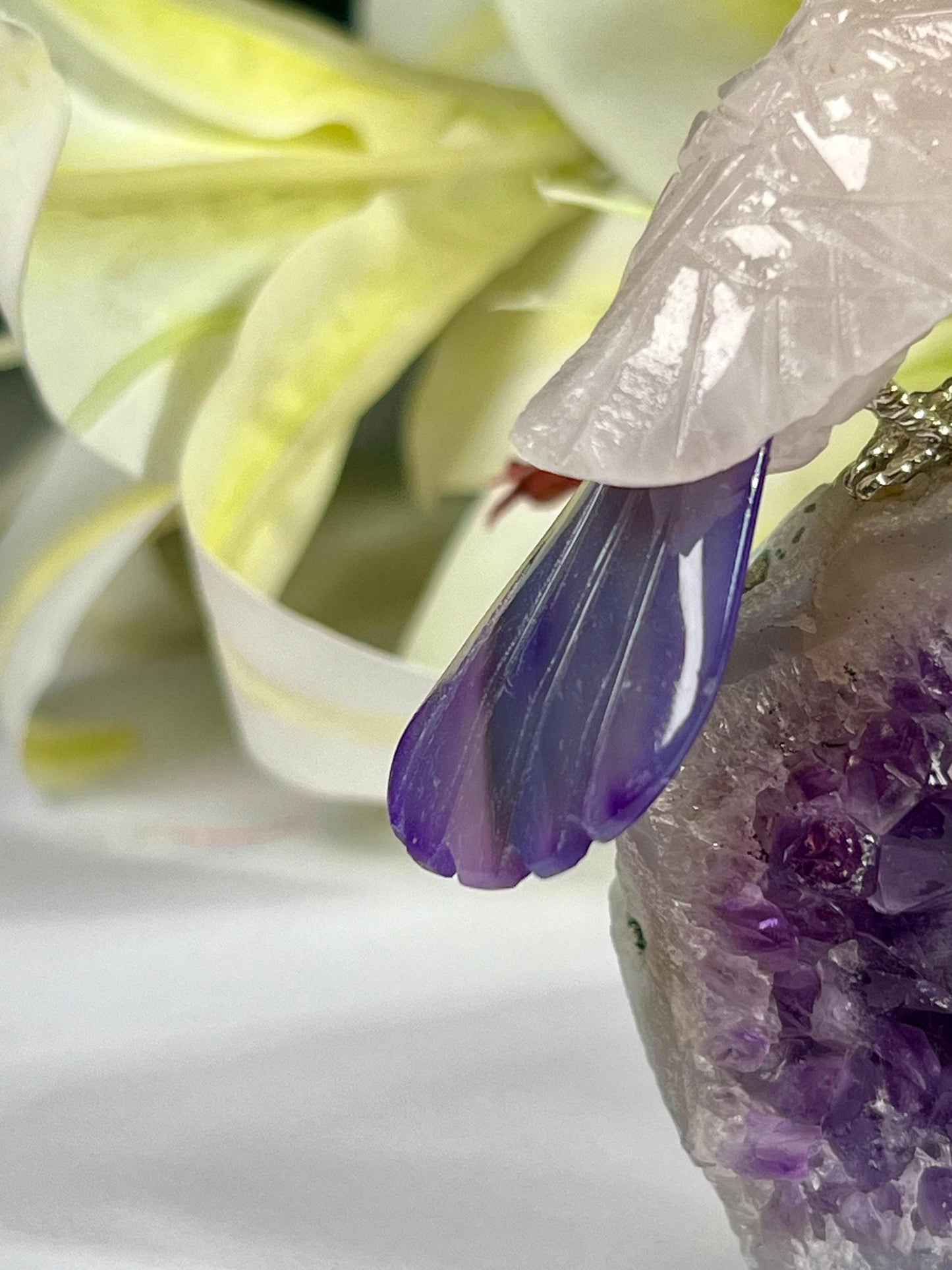 Beautiful Rose Quartz Stone Parrot Bird On Amethyst Geode Mineral Healing Crystal - Home Decoration-Reiki Healing - Gift for All