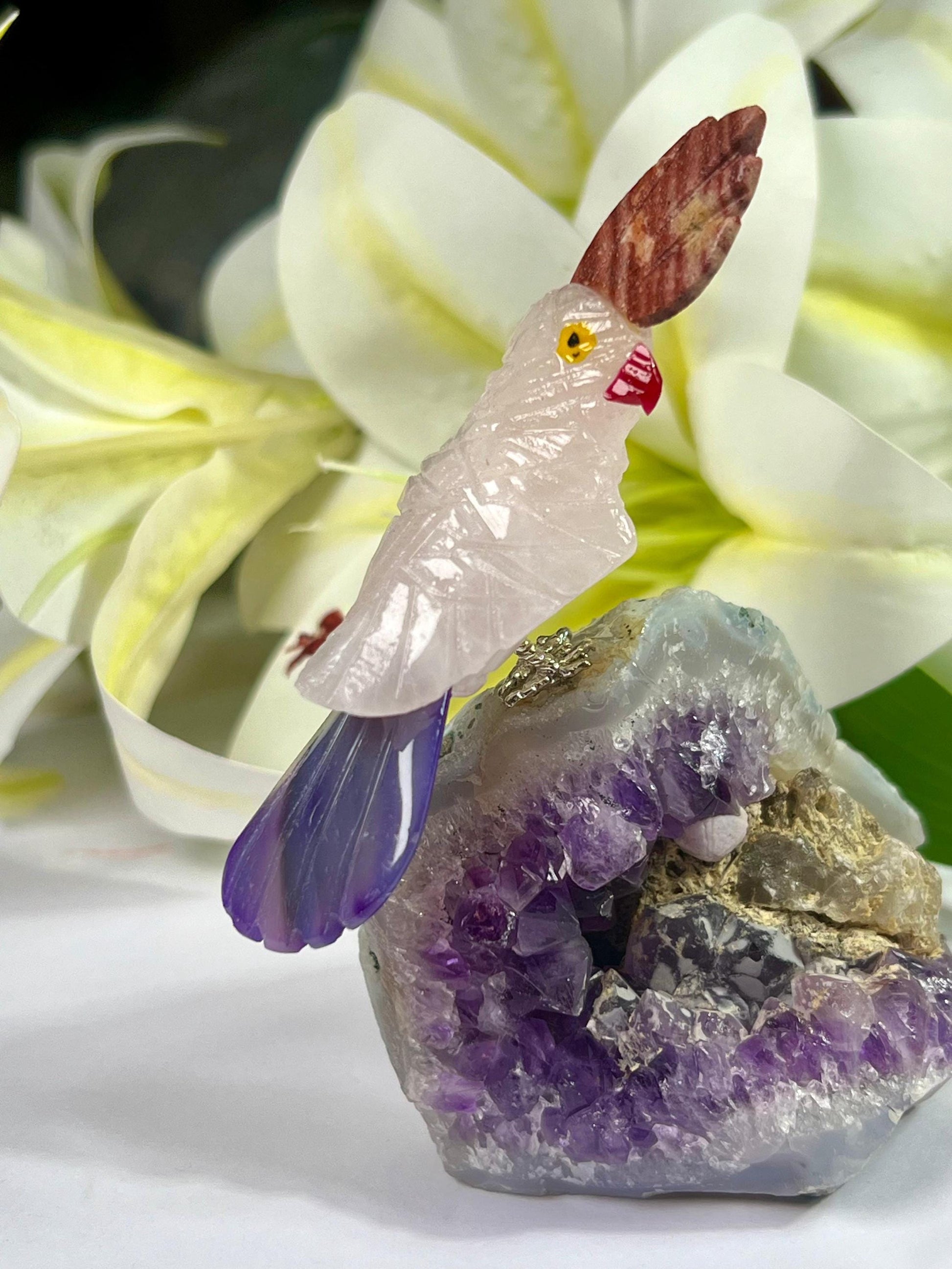 Beautiful Rose Quartz Stone Parrot Bird On Amethyst Geode Mineral Healing Crystal - Home Decoration-Reiki Healing - Gift for All