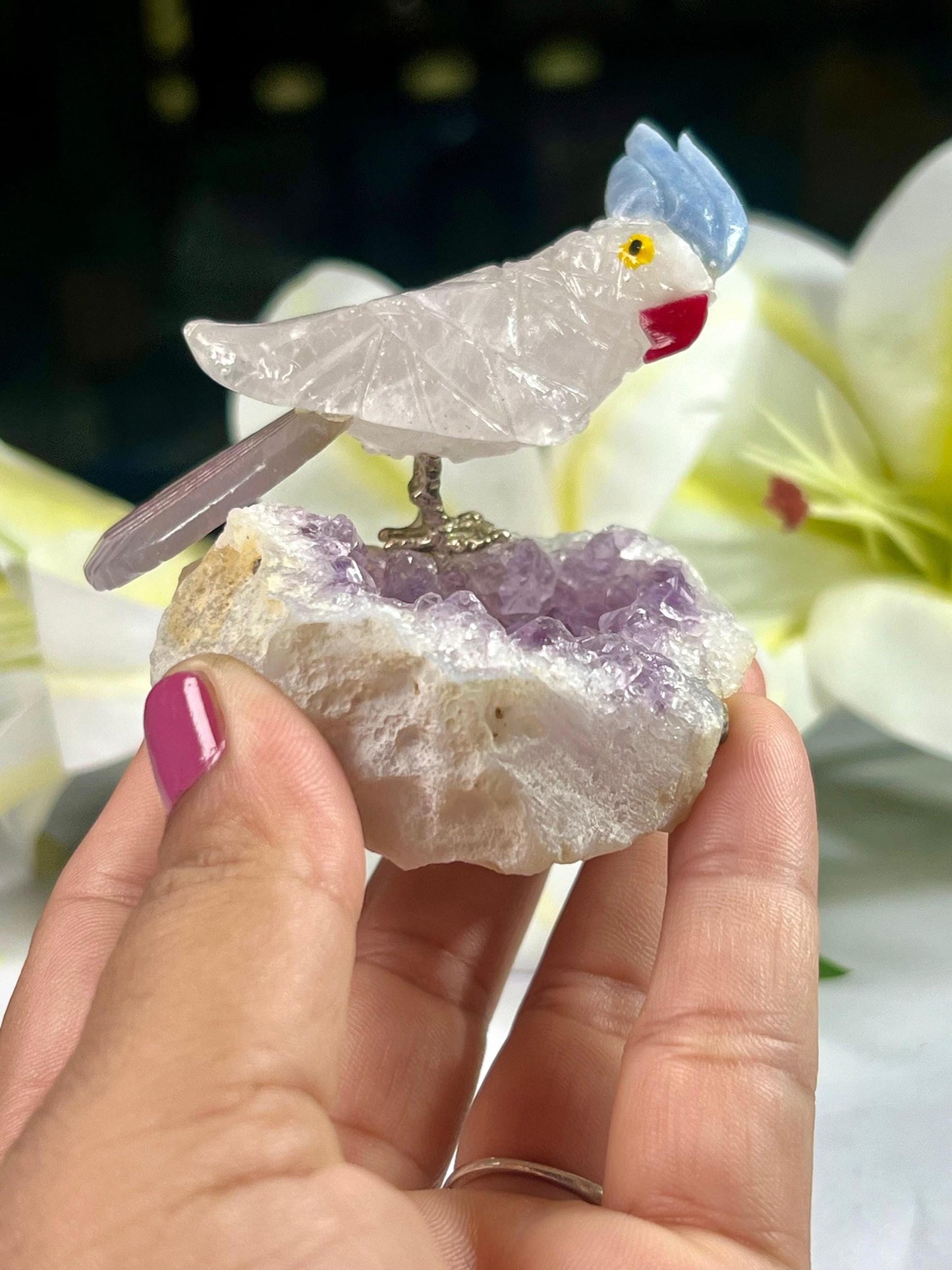 Beautiful  Himalayan Crystal Stone Parrot Bird On Amethyst Geode Mineral Healing Crystal - Home Decoration-Reiki Healing - Gift for All
