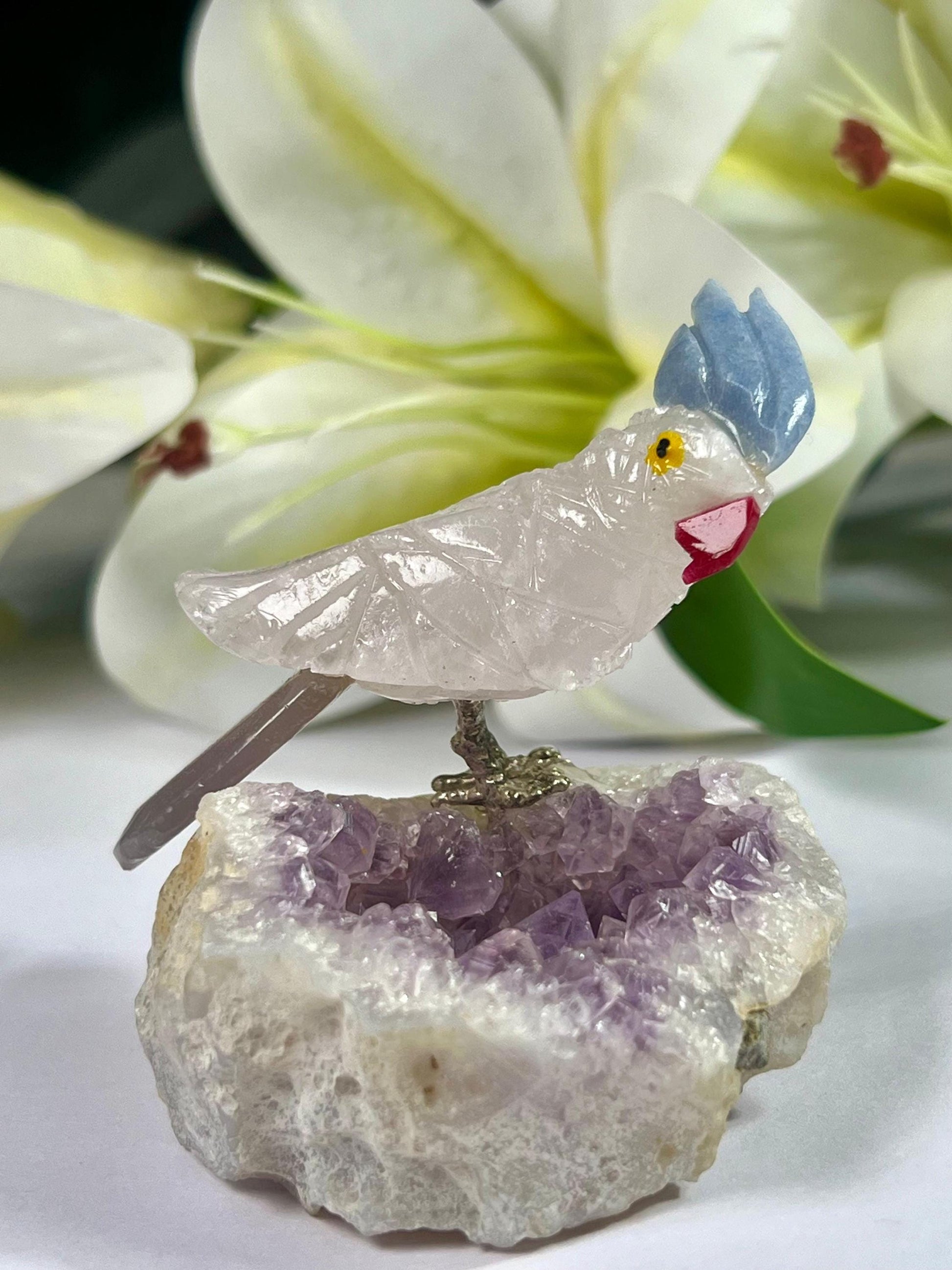 Beautiful  Himalayan Crystal Stone Parrot Bird On Amethyst Geode Mineral Healing Crystal - Home Decoration-Reiki Healing - Gift for All