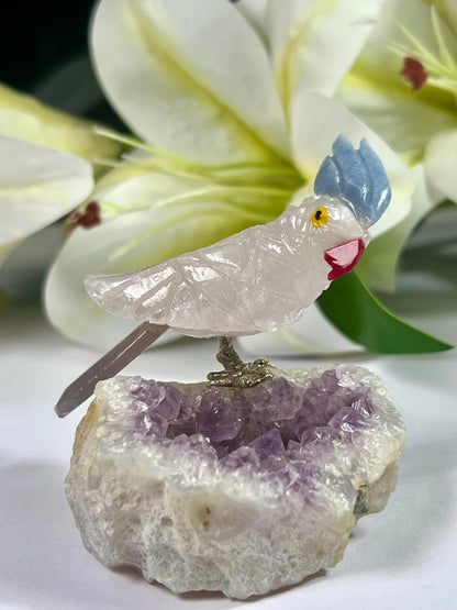 Beautiful  Himalayan Crystal Stone Parrot Bird On Amethyst Geode Mineral Healing Crystal - Home Decoration-Reiki Healing - Gift for All