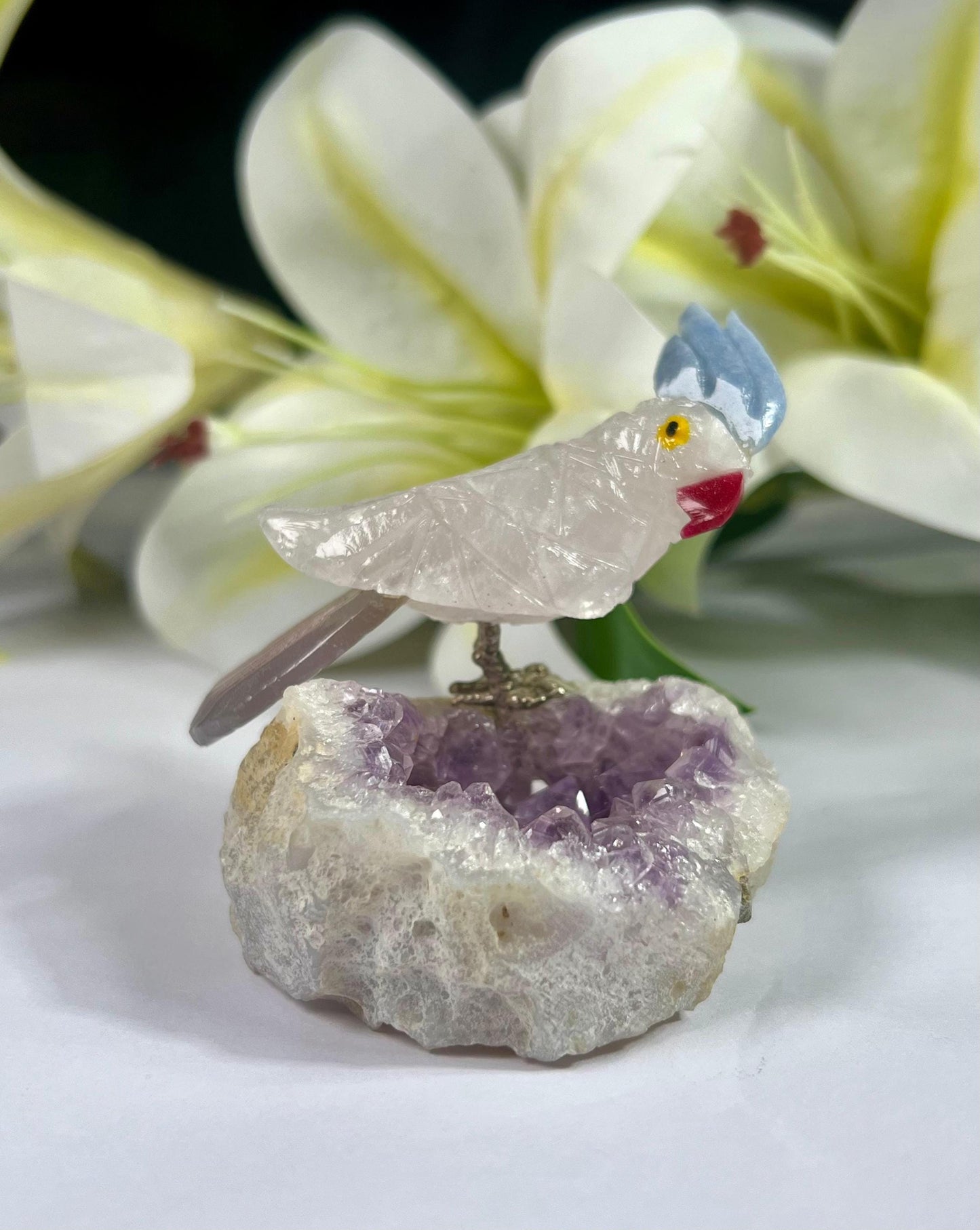 Beautiful  Himalayan Crystal Stone Parrot Bird On Amethyst Geode Mineral Healing Crystal - Home Decoration-Reiki Healing - Gift for All