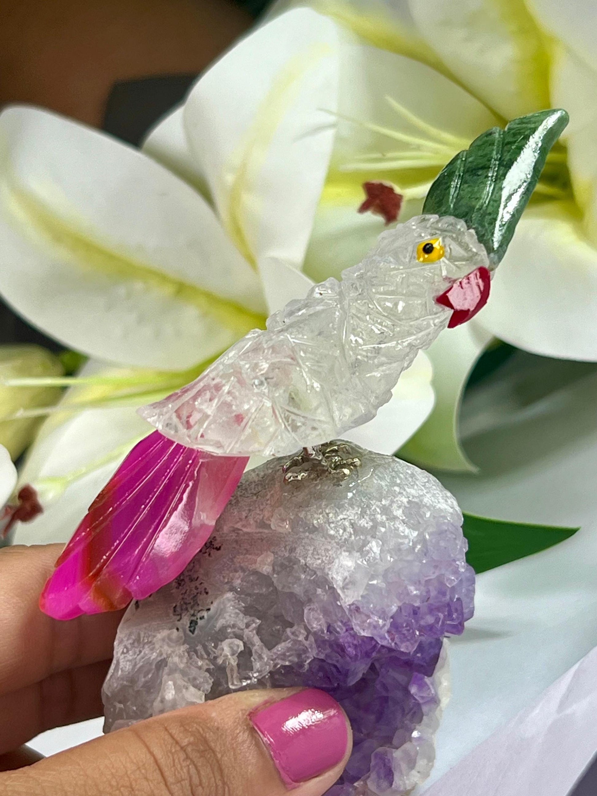 Beautiful  Himalayan Crystal Stone Parrot Bird On Amethyst Geode Mineral Healing Crystal - Home Decoration-Reiki Healing - Gift for All