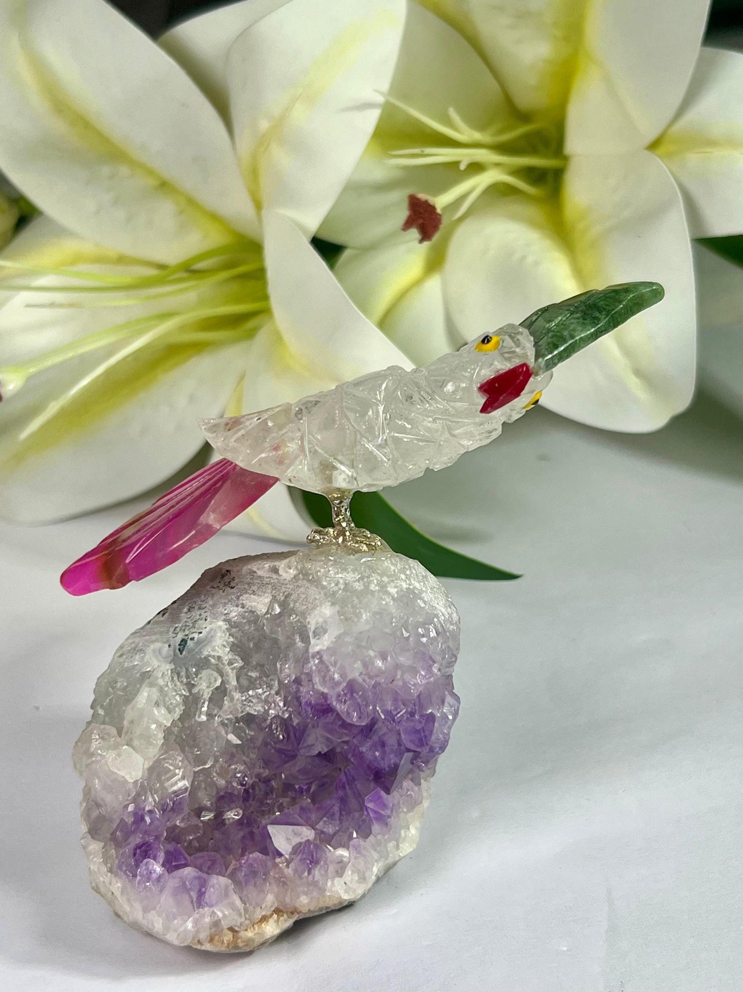 Beautiful  Himalayan Crystal Stone Parrot Bird On Amethyst Geode Mineral Healing Crystal - Home Decoration-Reiki Healing - Gift for All