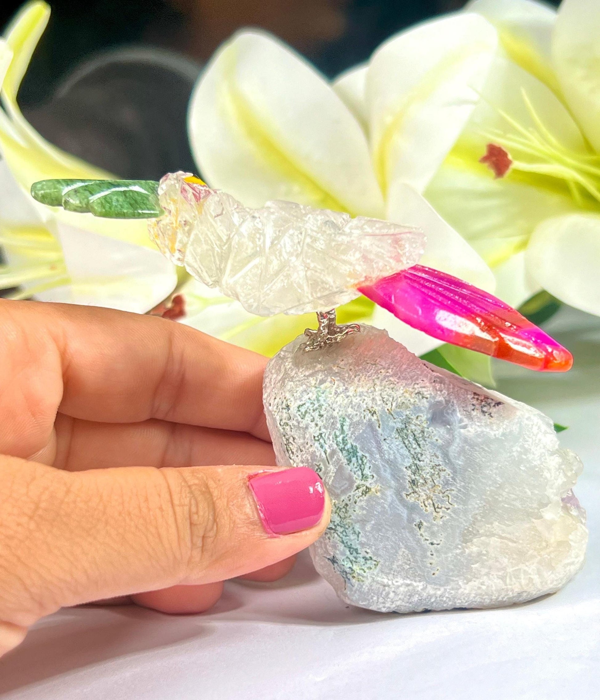 Beautiful  Himalayan Crystal Stone Parrot Bird On Amethyst Geode Mineral Healing Crystal - Home Decoration-Reiki Healing - Gift for All