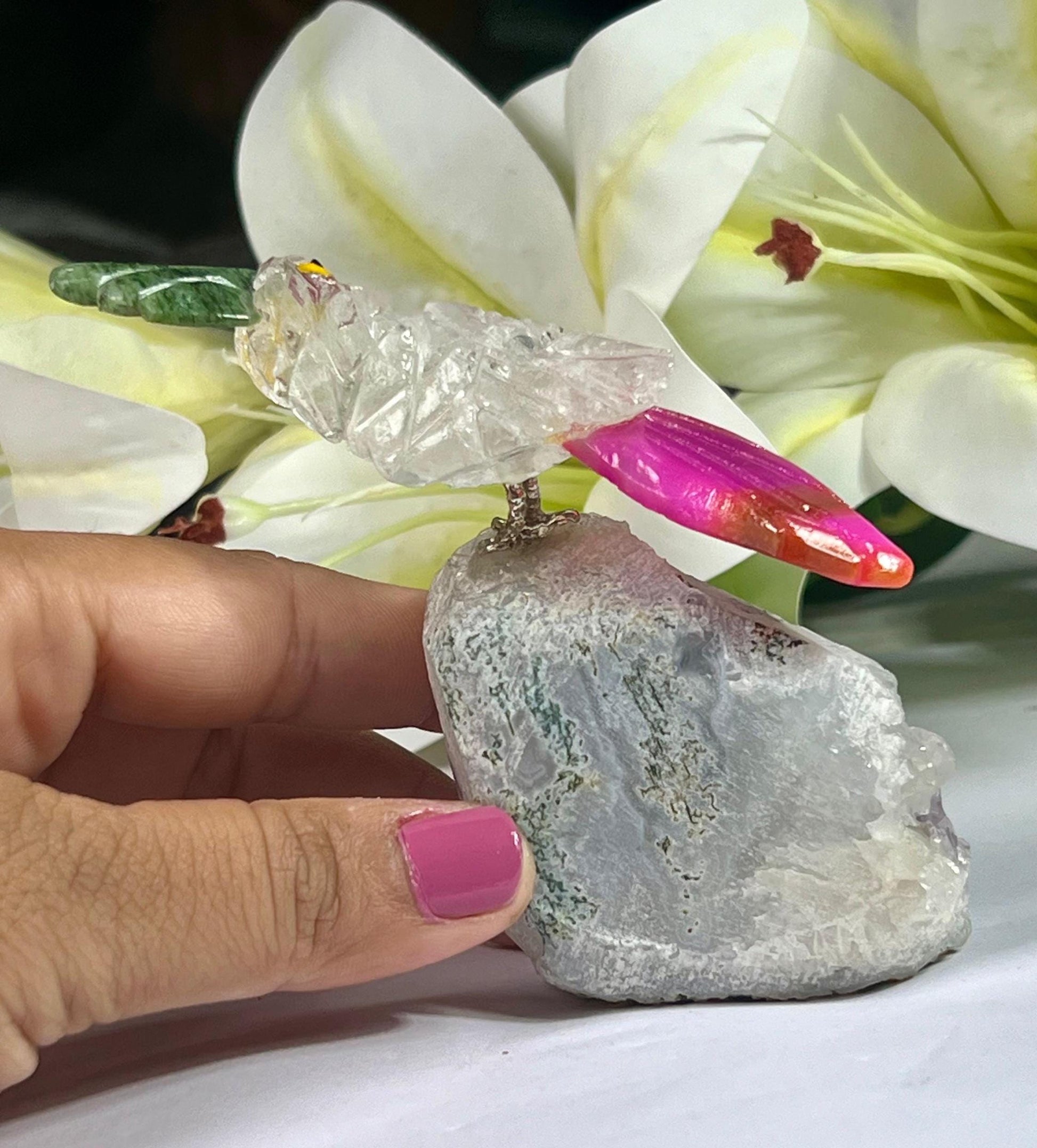 Beautiful  Himalayan Crystal Stone Parrot Bird On Amethyst Geode Mineral Healing Crystal - Home Decoration-Reiki Healing - Gift for All