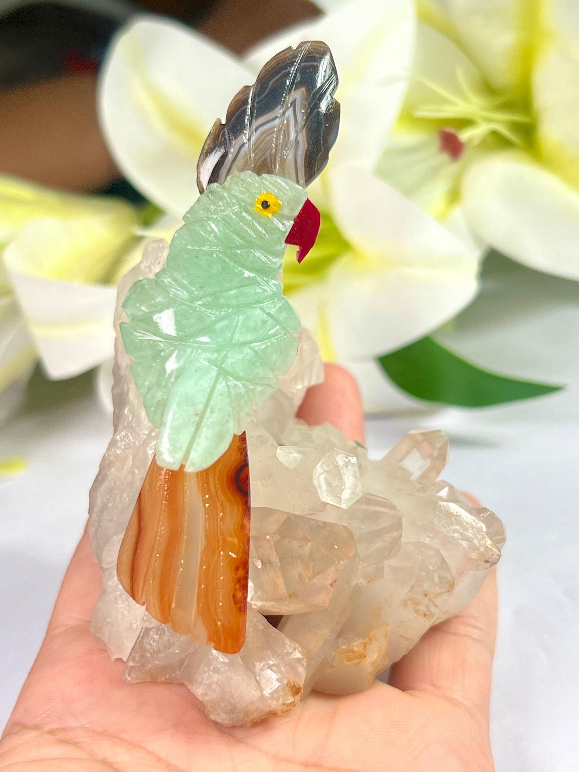 Beautiful Green Aventurine Parrot Bird On Samadhi Quartz - Healing Crystal - Home Decoration - Reiki Healing - Gift for All