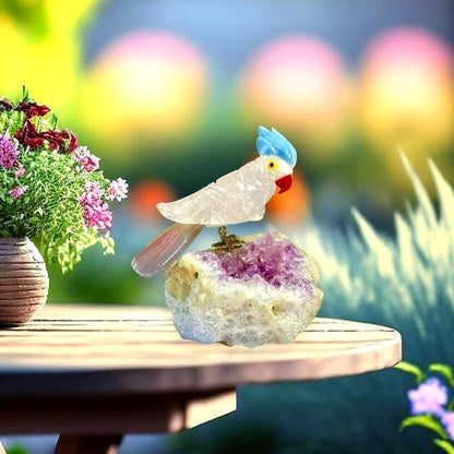 Beautiful Rose Quartz Stone Parrot Bird On Amethyst Geode Mineral Healing Crystal - Home Decoration-Reiki Healing - Gift for All