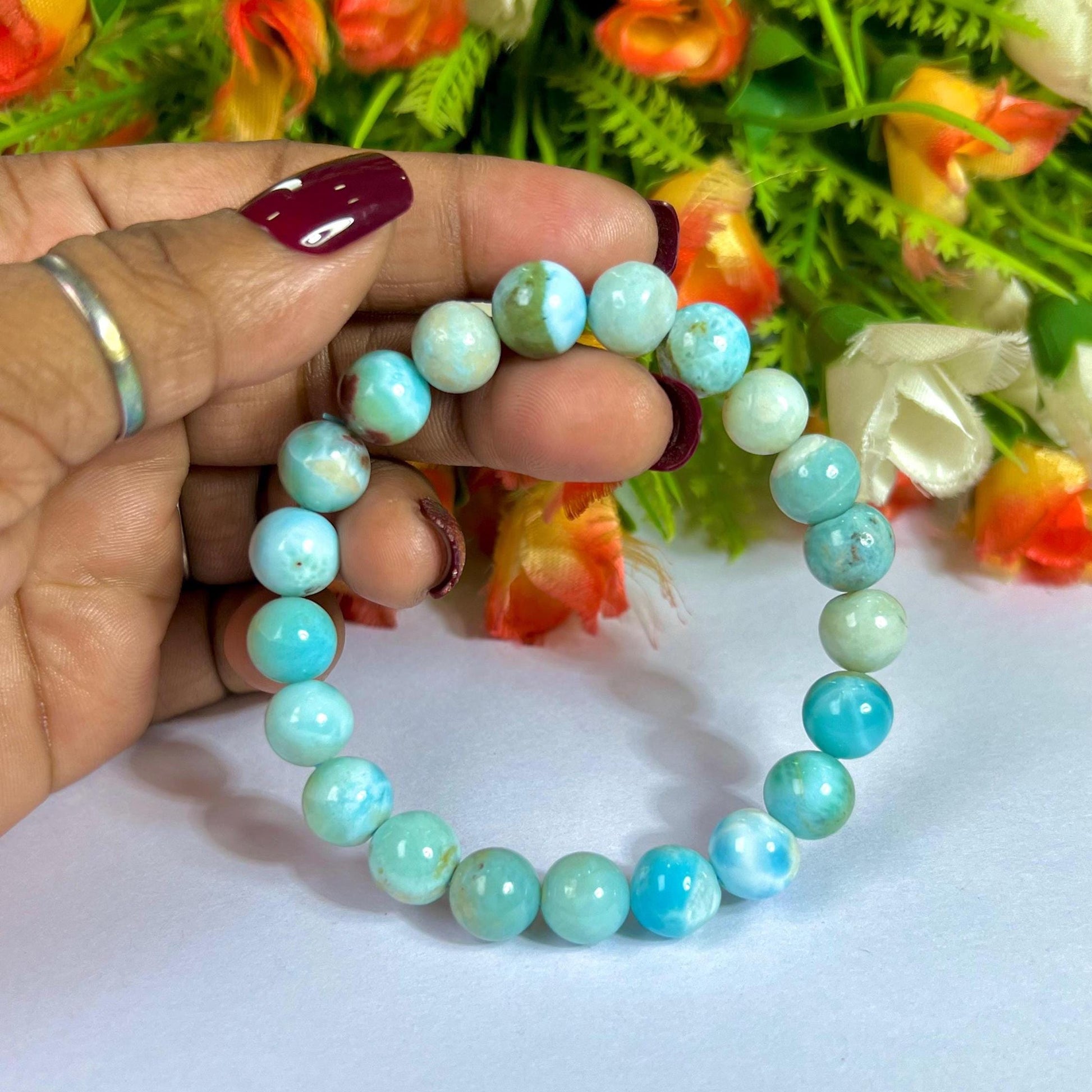10 MM Dominican Republic Larimar Stone Bracelet l Stretchable Bracelet l Unisex Bracelet