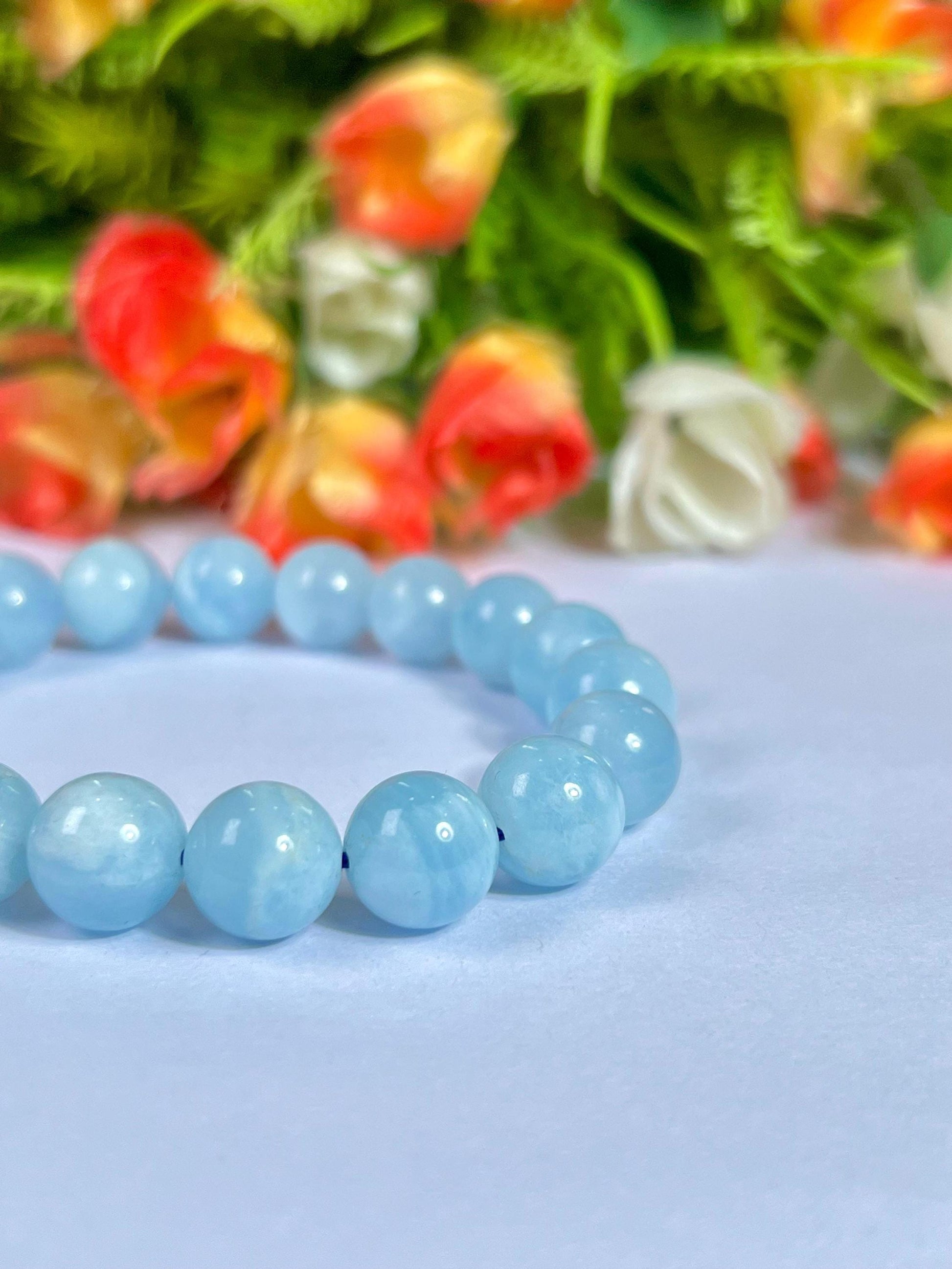 10 MM Aquamarine Stone Bracelet l Stretchable Bracelet l Unisex Bracelet