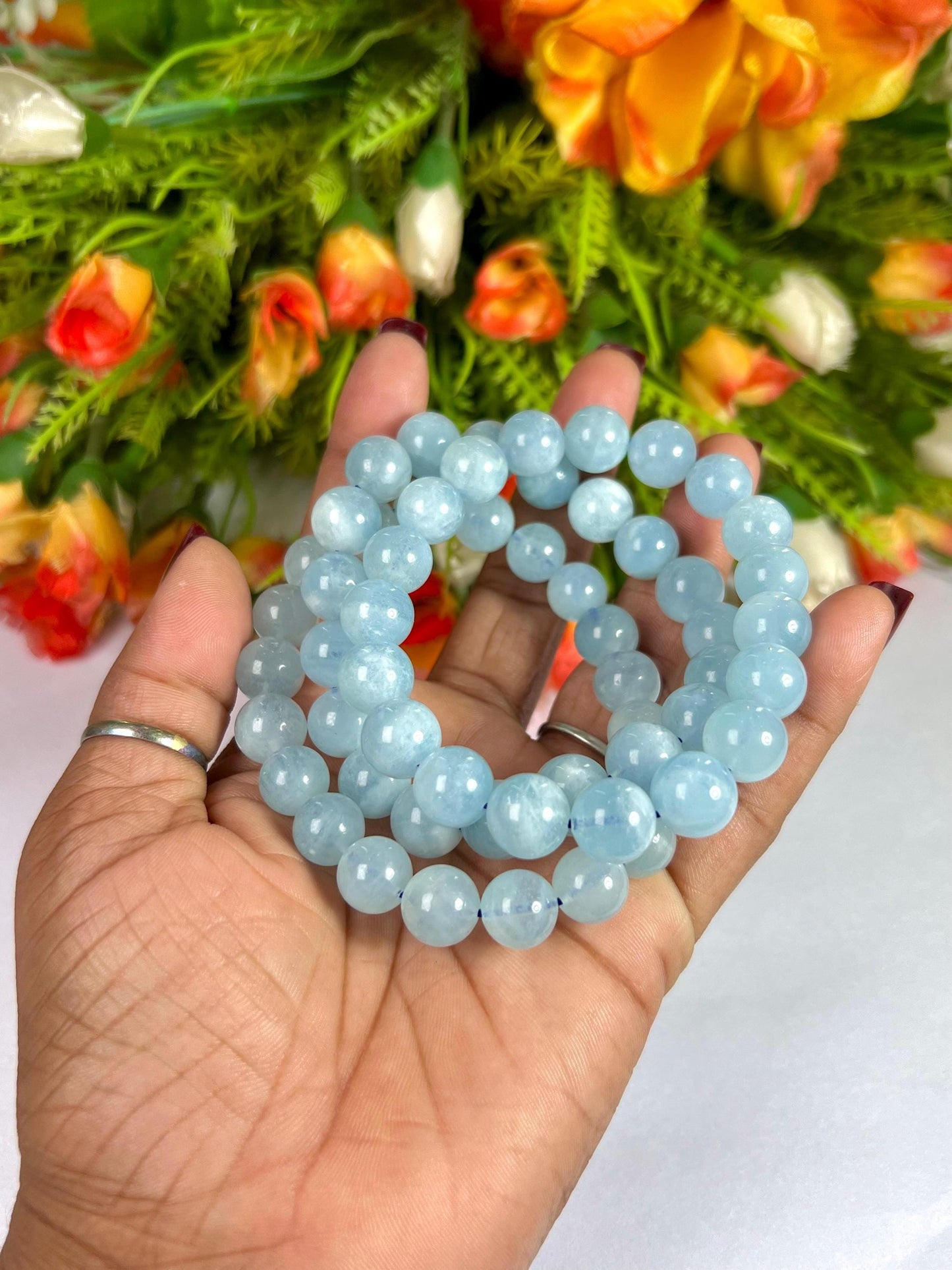 10 MM Aquamarine Stone Bracelet l Stretchable Bracelet l Unisex Bracelet