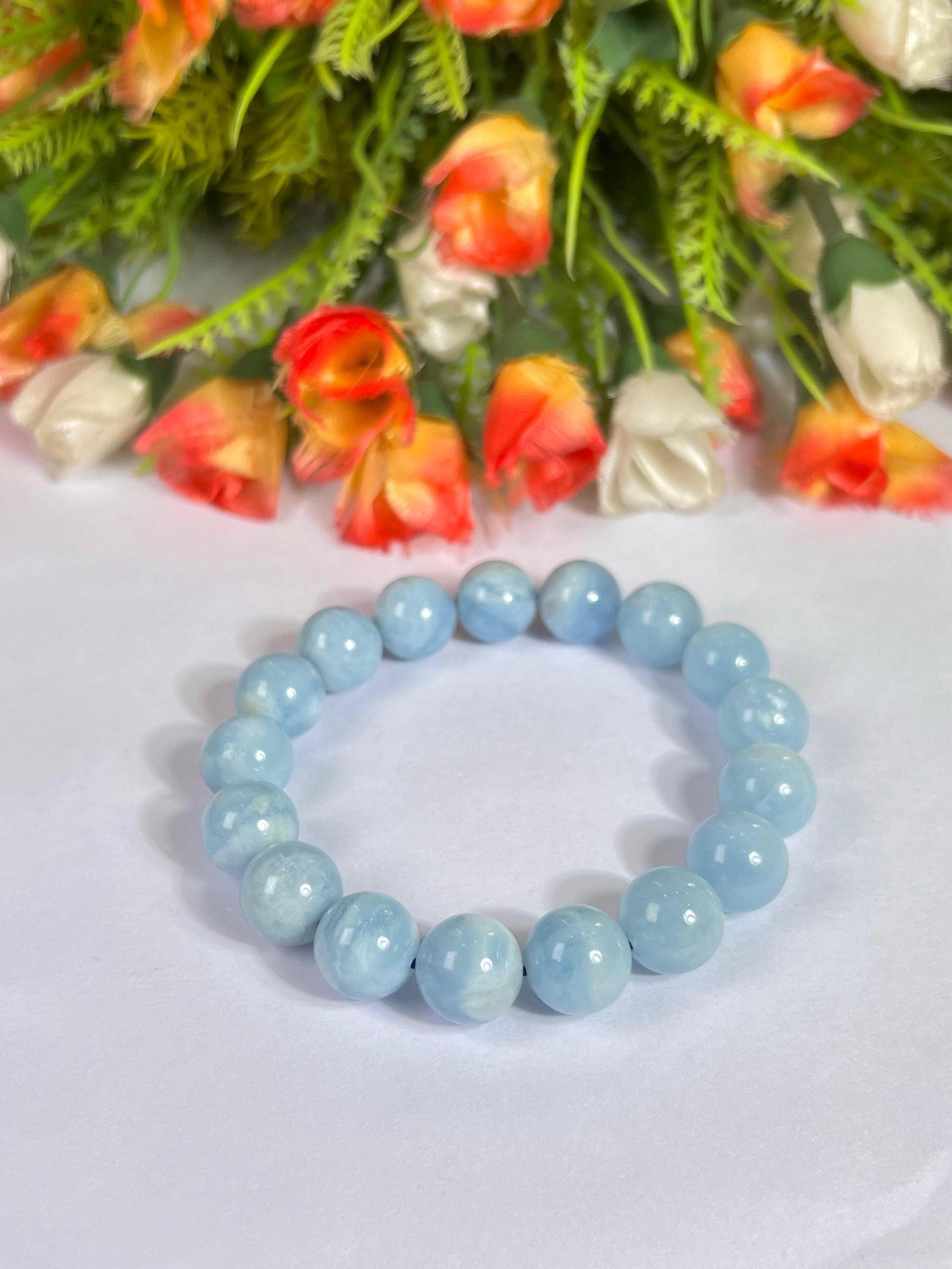 12 MM Aquamarine Stone Bracelet l Stretchable Bracelet l Unisex Bracelet