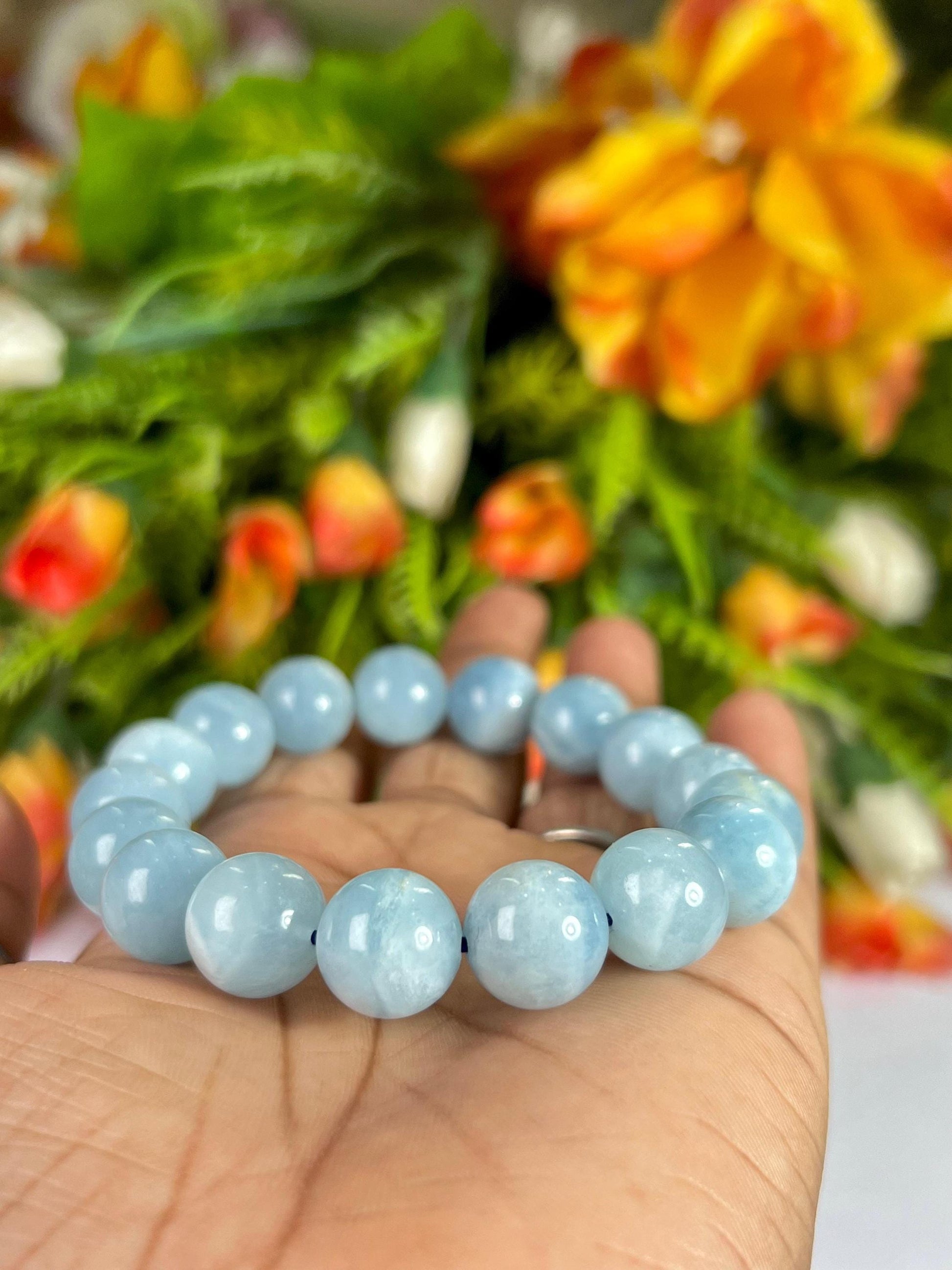 12 MM Aquamarine Stone Bracelet l Stretchable Bracelet l Unisex Bracelet