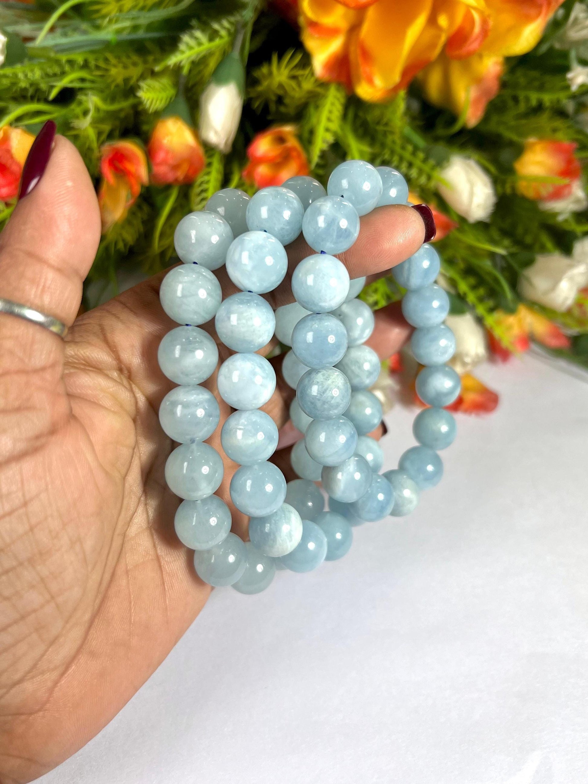 12 MM Aquamarine Stone Bracelet l Stretchable Bracelet l Unisex Bracelet