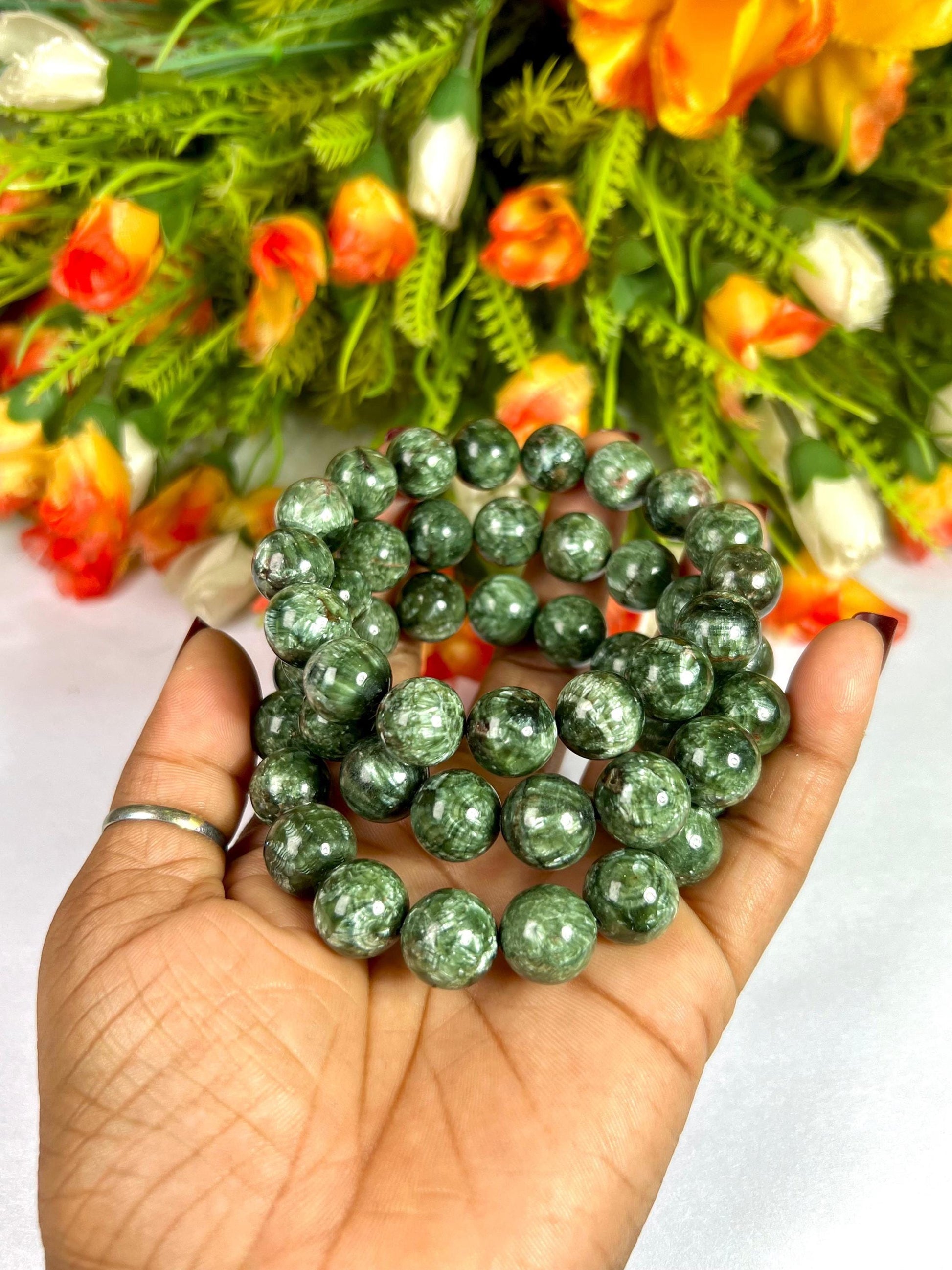 12 MM Seraphinite Stone Bracelet l Stretchable Bracelet l Unisex Bracelet