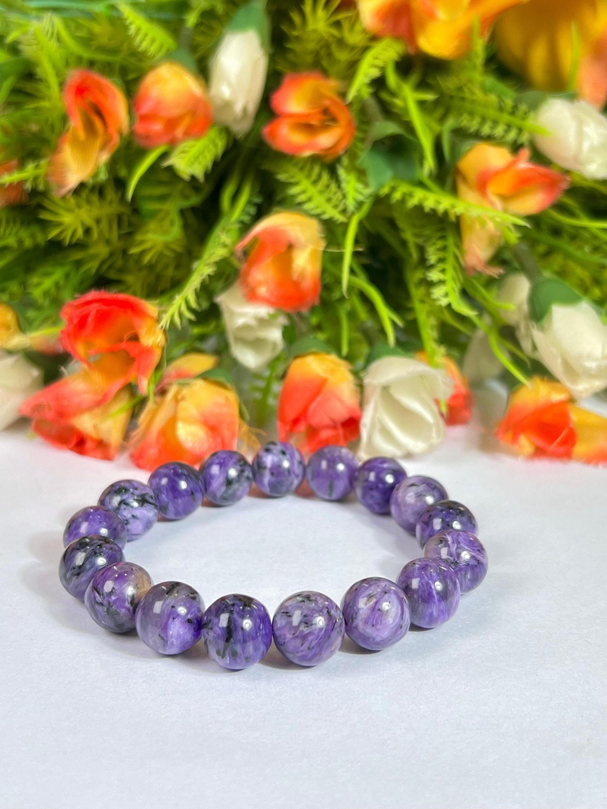 12 MM Charoite Stone Bracelet l Stretchable Bracelet l Unisex Bracelet