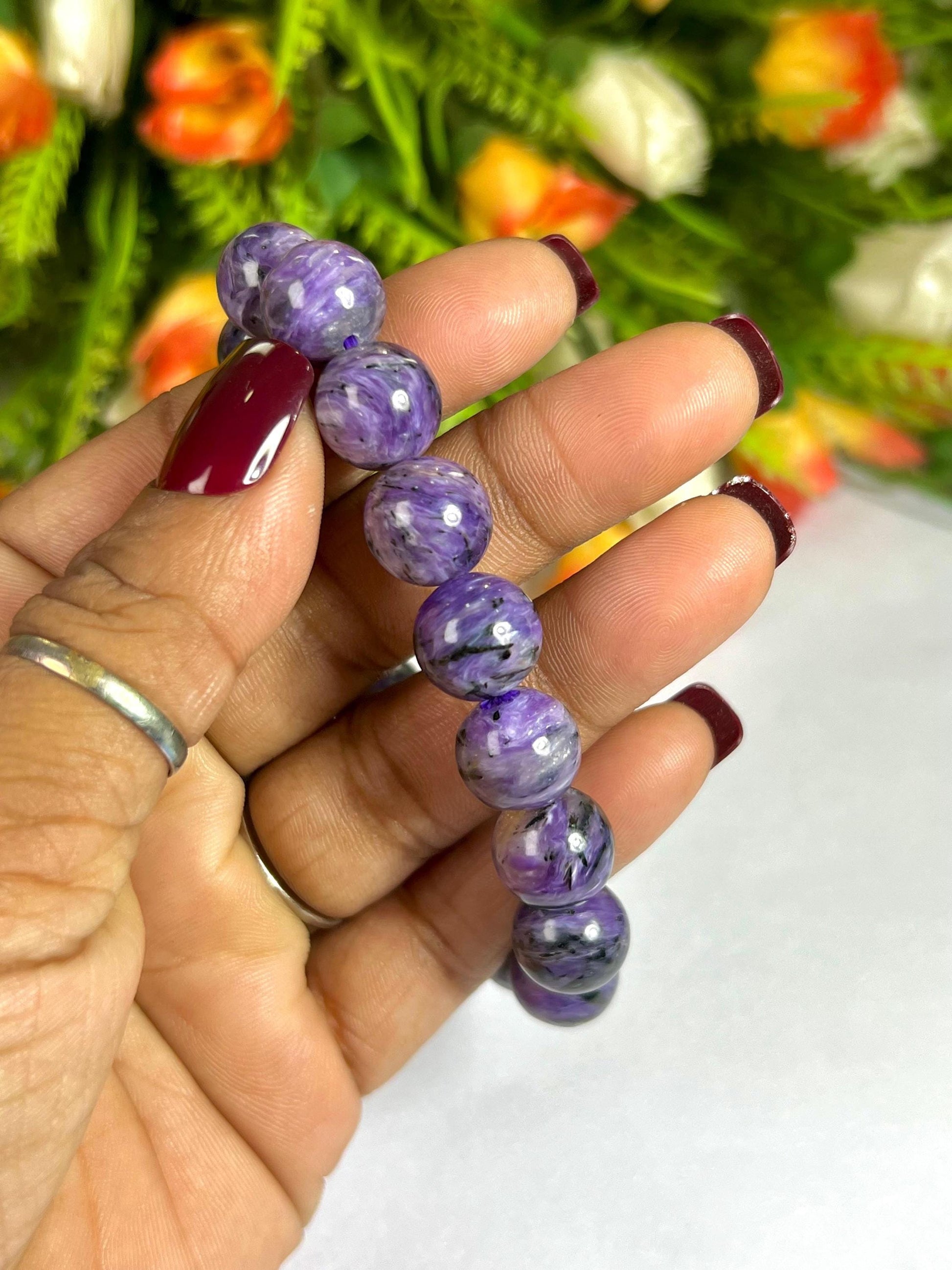 12 MM Charoite Stone Bracelet l Stretchable Bracelet l Unisex Bracelet