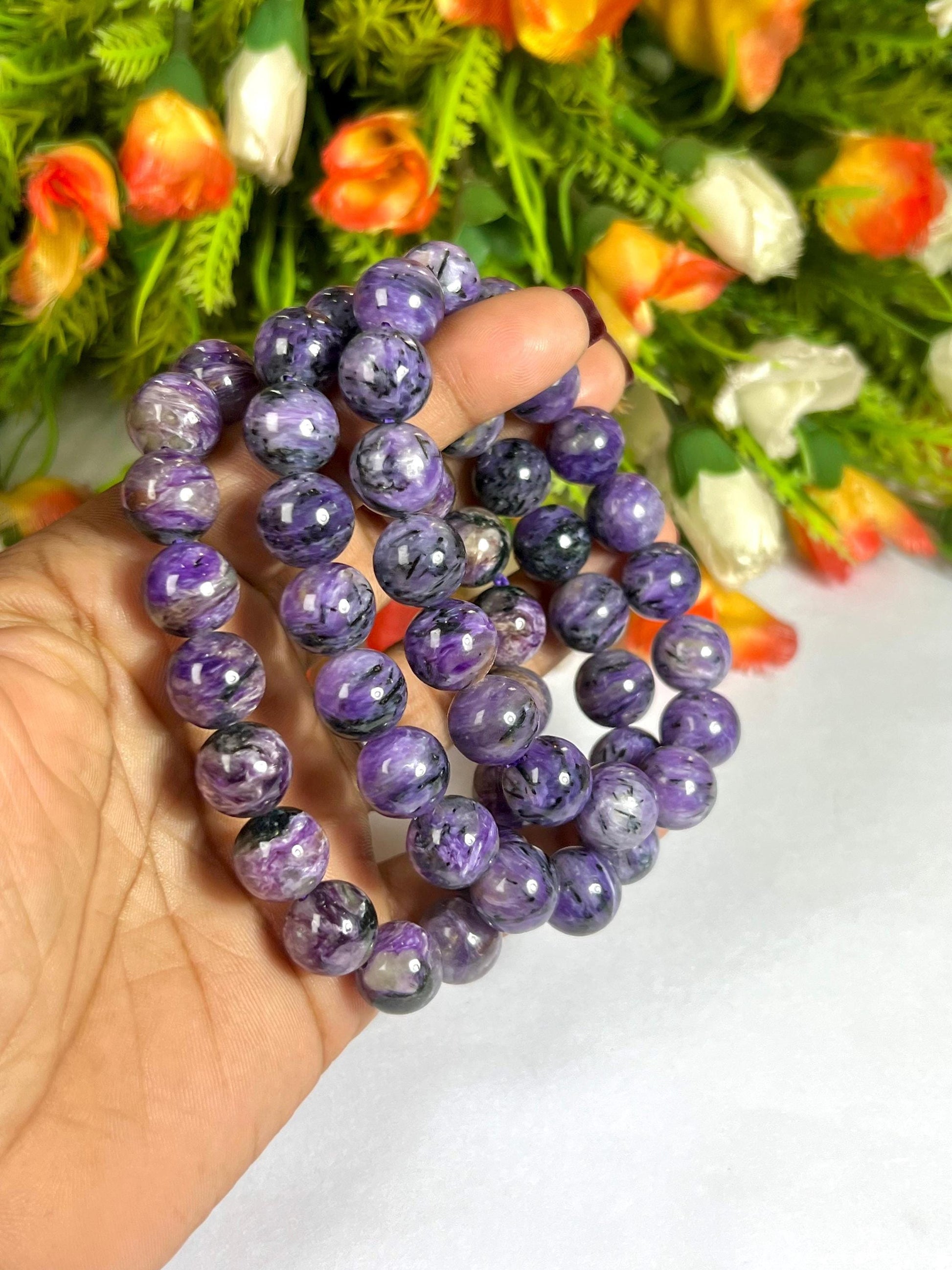 12 MM Charoite Stone Bracelet l Stretchable Bracelet l Unisex Bracelet