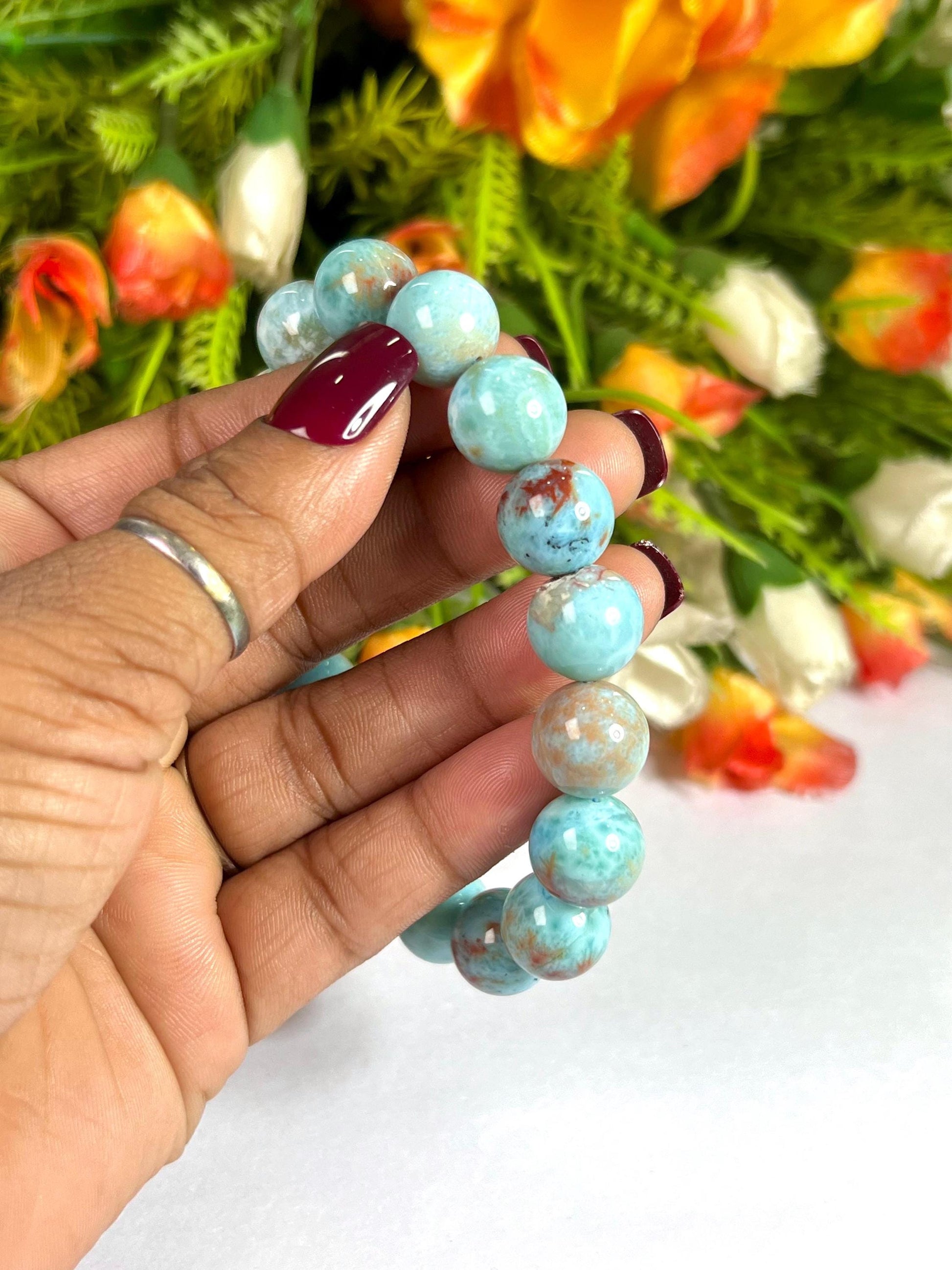 12 MM Dominican Republic Larimar Stone Bracelet l Stretchable Bracelet l Unisex Bracelet