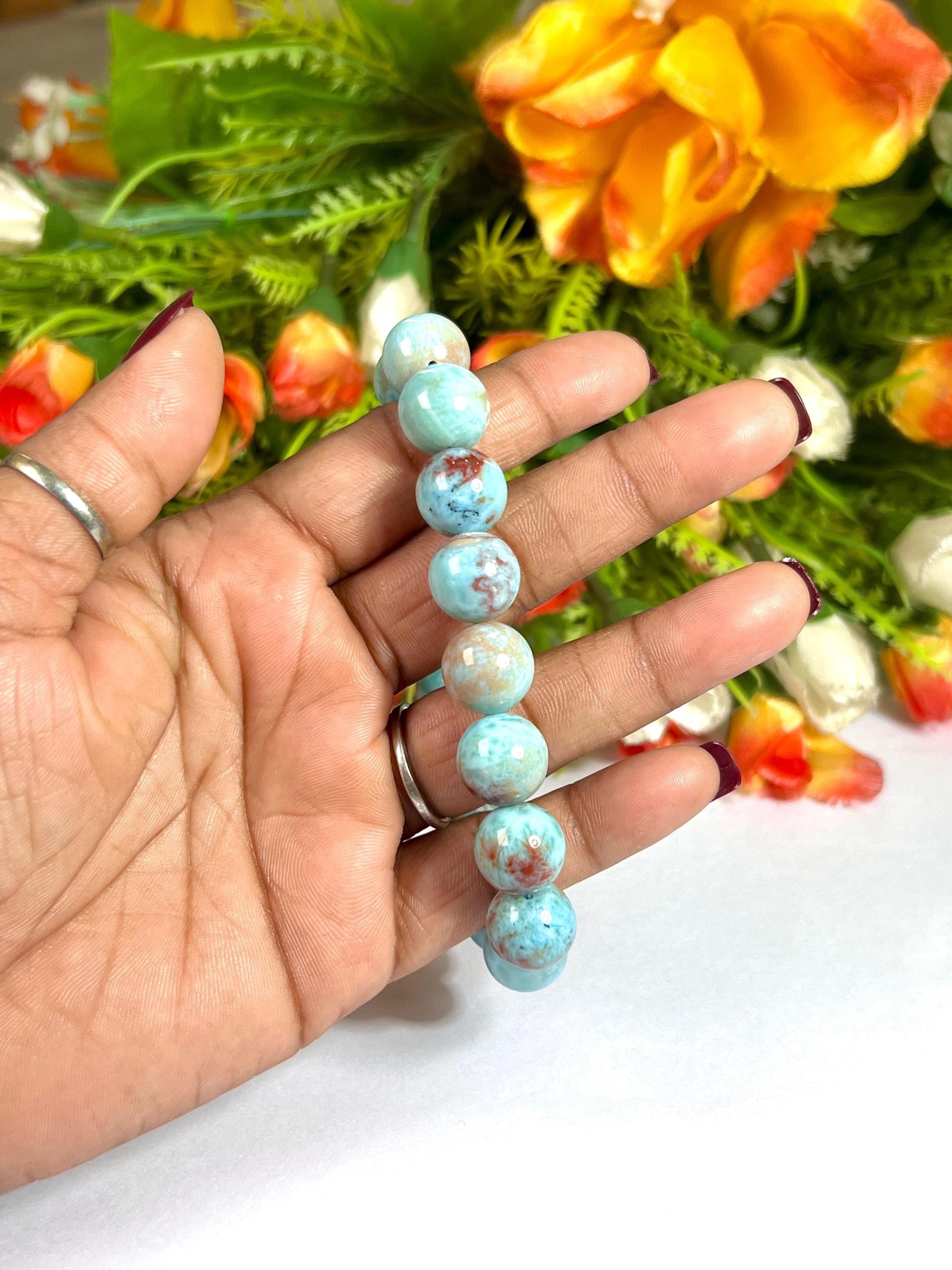 12 MM Dominican Republic Larimar Stone Bracelet l Stretchable Bracelet l Unisex Bracelet