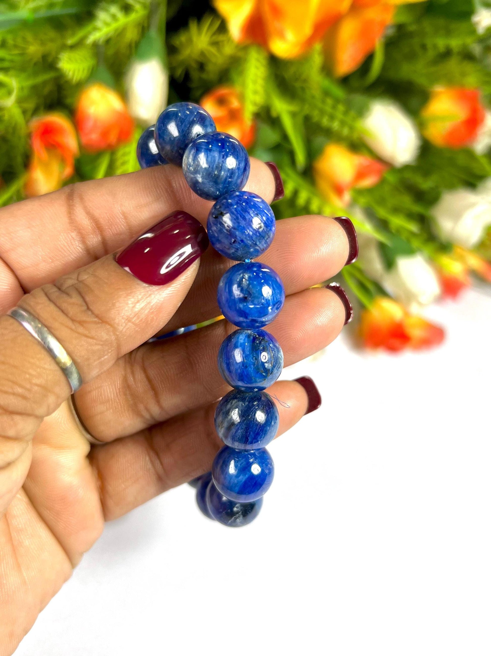 13 MM  Blue Kyanite Stone Bracelet l Stretchable Bracelet l Unisex Bracelet