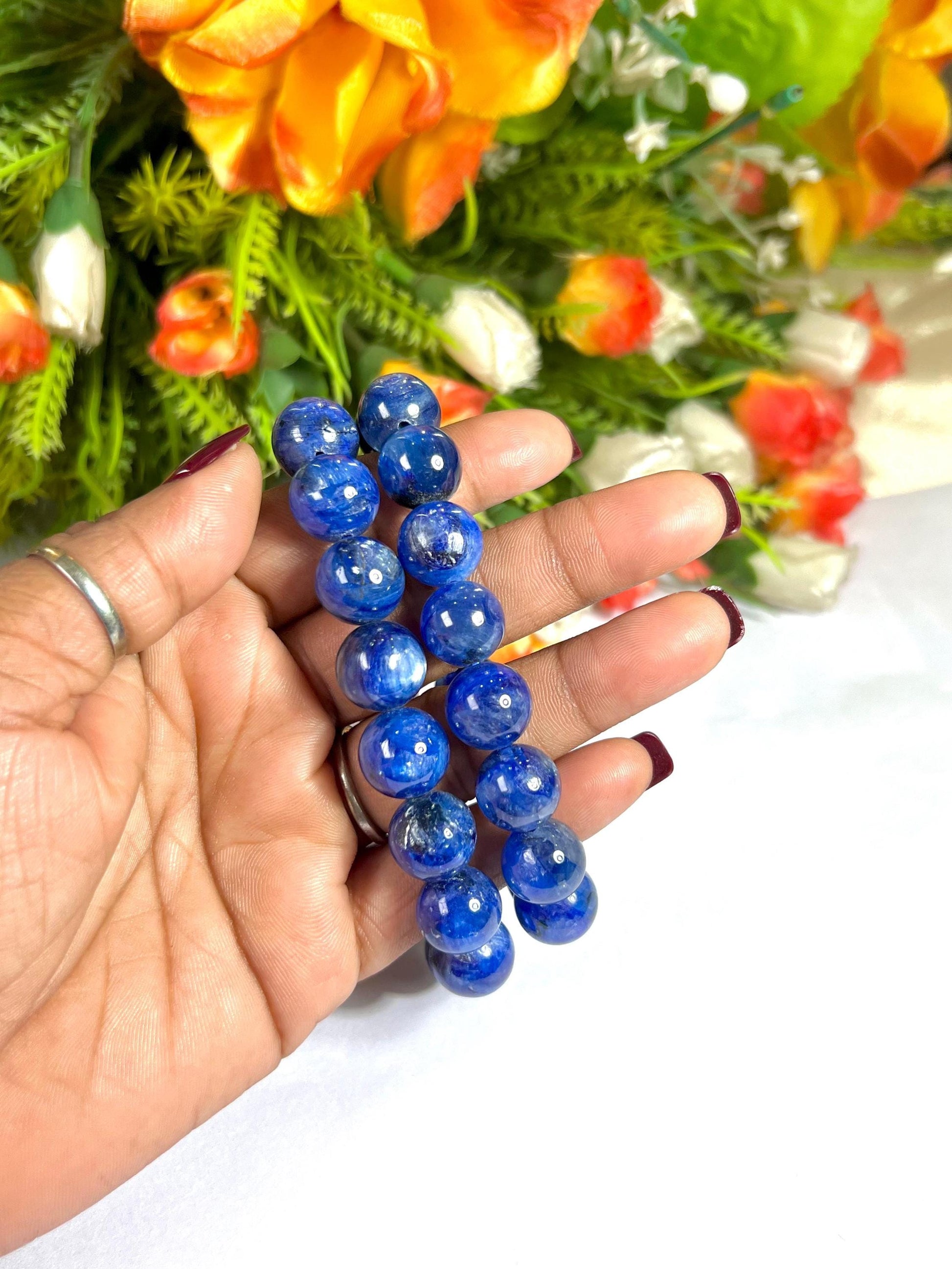 13 MM  Blue Kyanite Stone Bracelet l Stretchable Bracelet l Unisex Bracelet