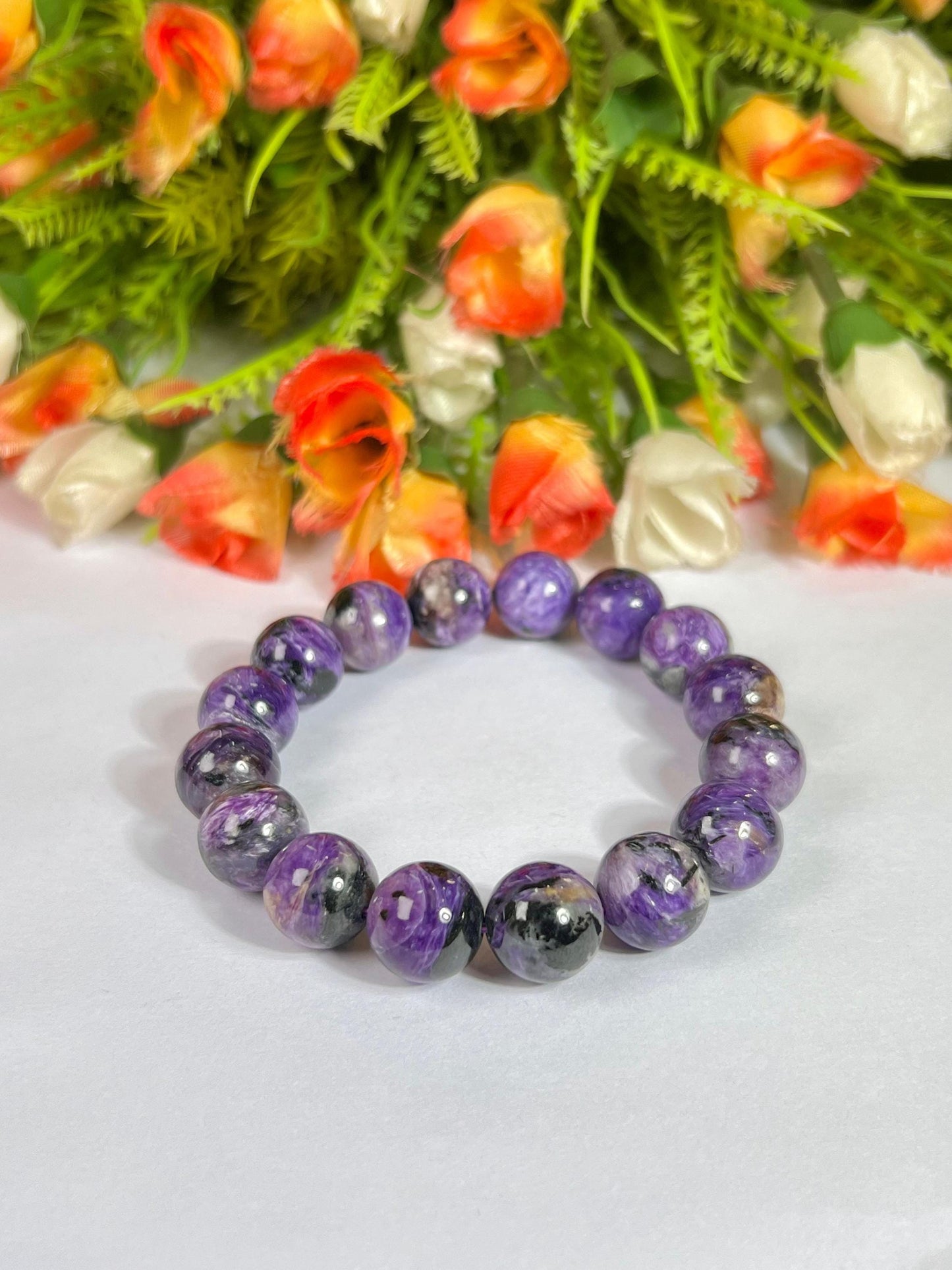 13 MM Charoite Stone Bracelet l Stretchable Bracelet l Unisex Bracelet