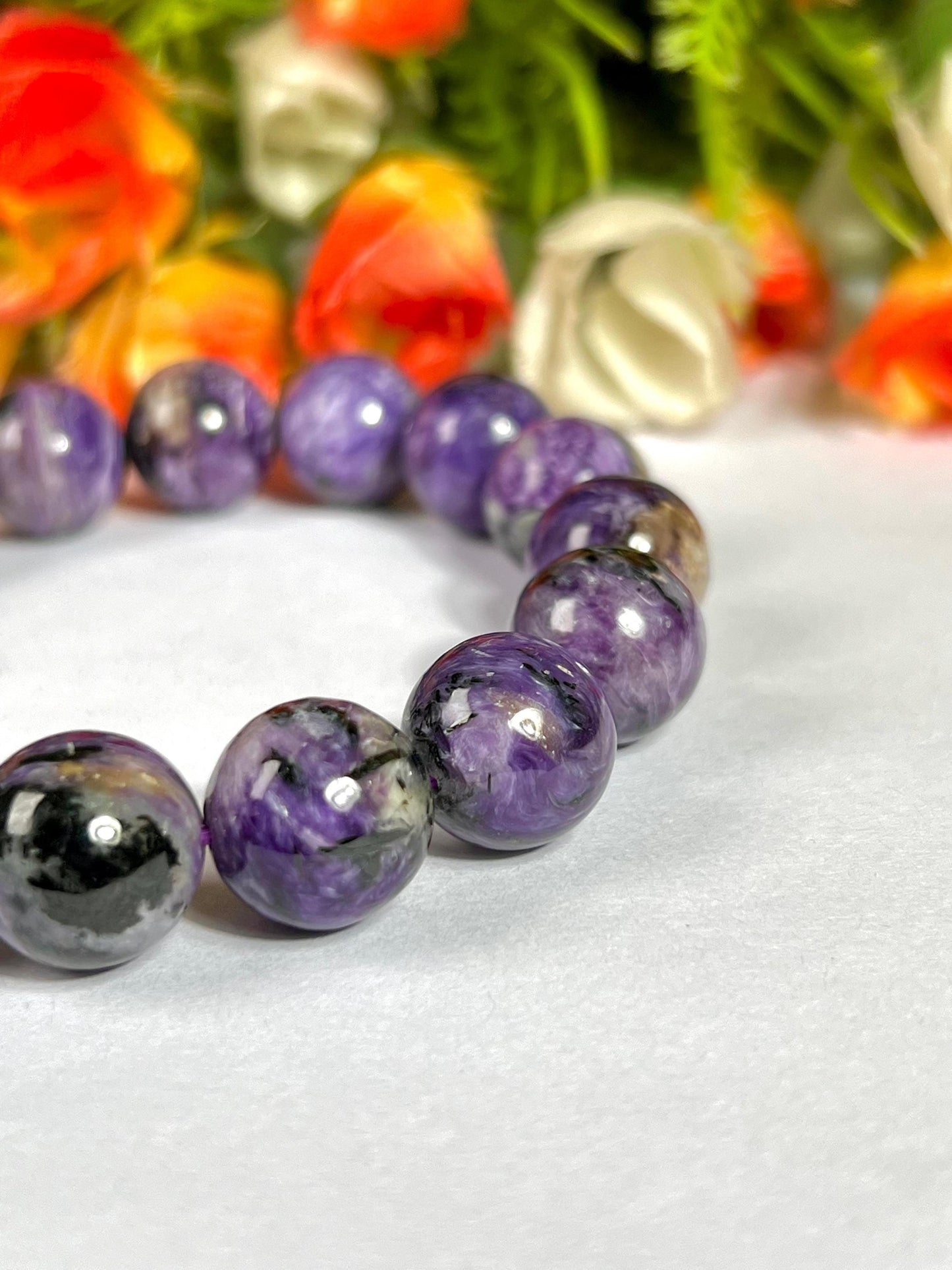 13 MM Charoite Stone Bracelet l Stretchable Bracelet l Unisex Bracelet