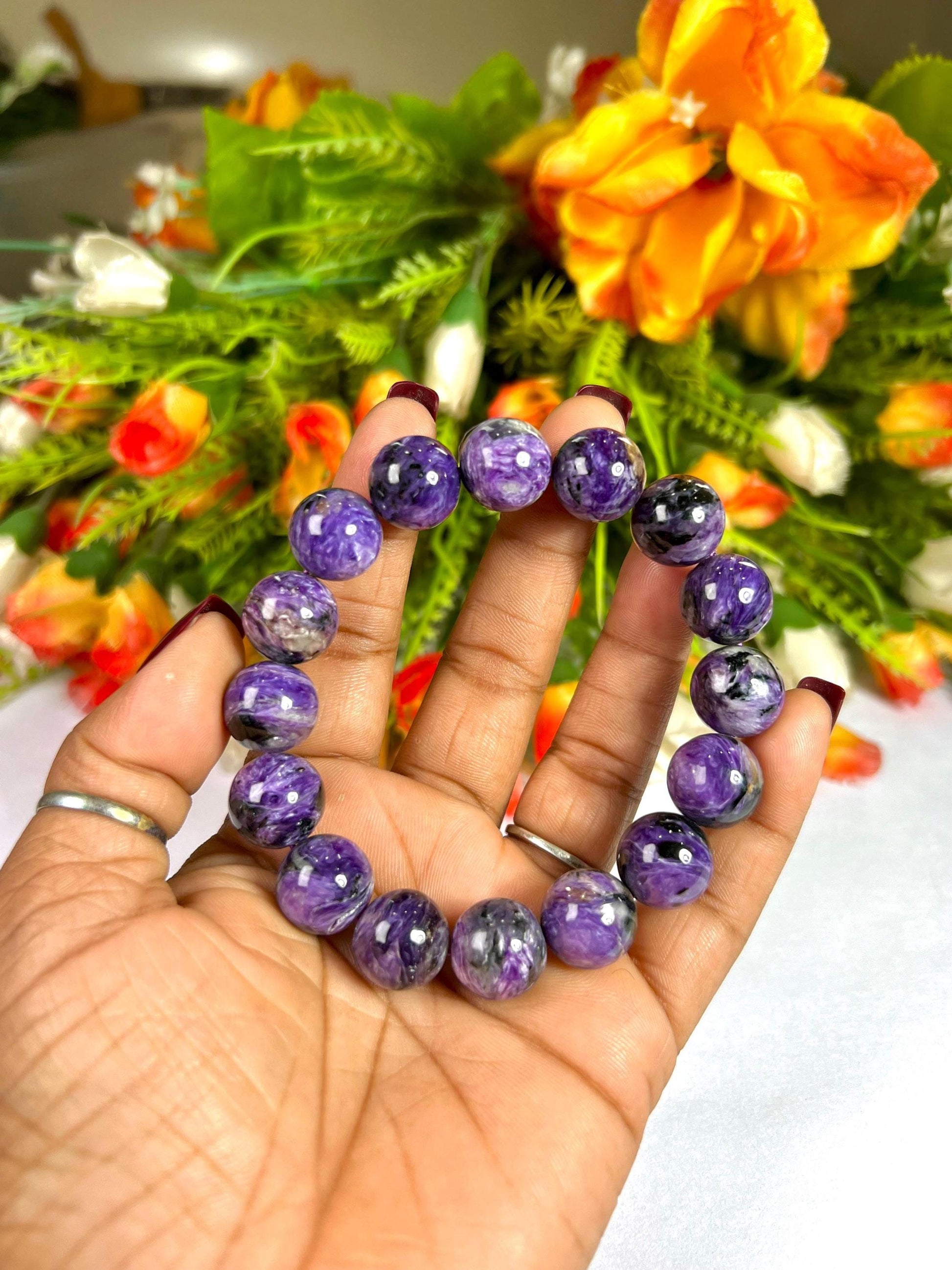13 MM Charoite Stone Bracelet l Stretchable Bracelet l Unisex Bracelet