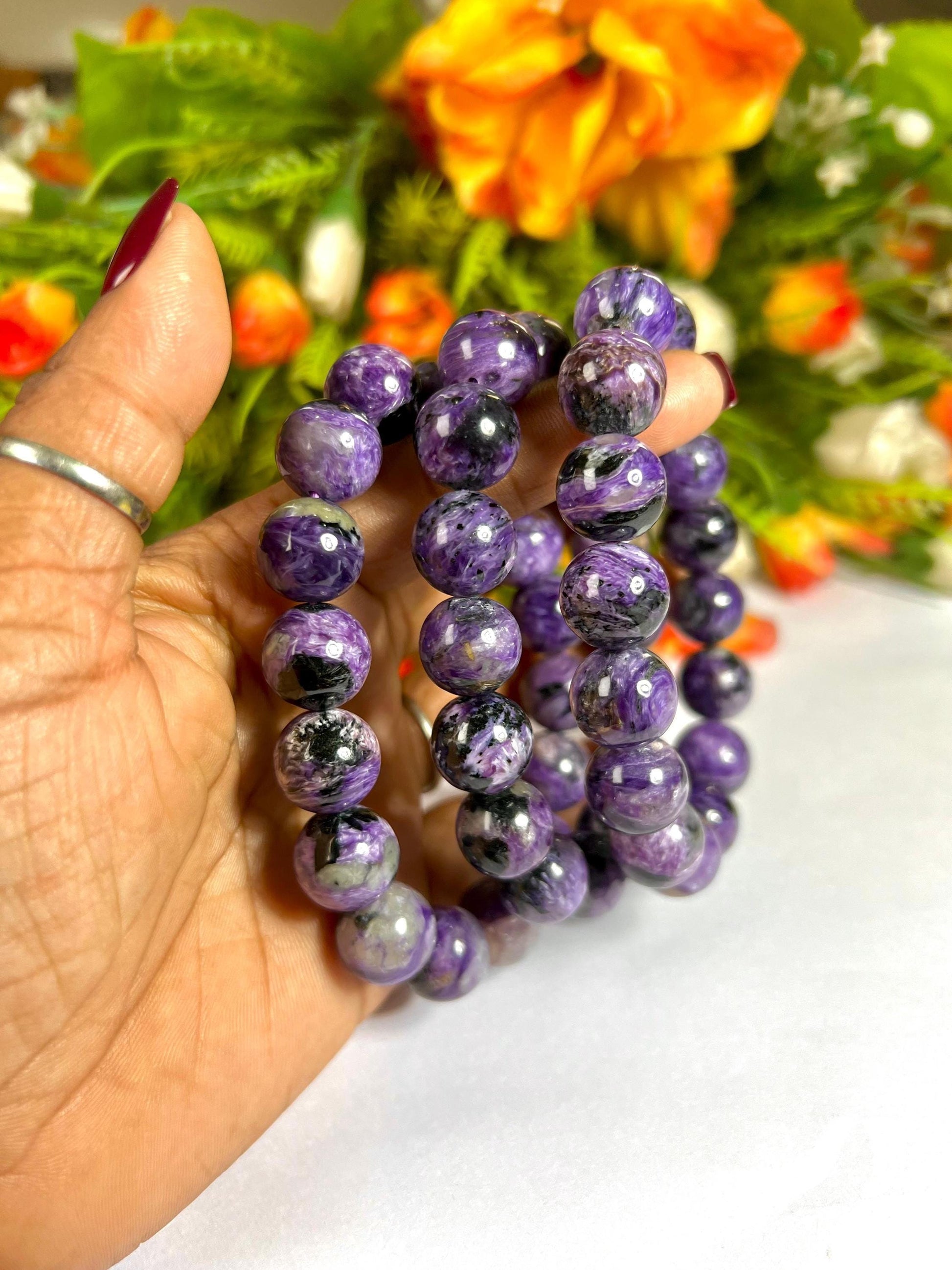 13 MM Charoite Stone Bracelet l Stretchable Bracelet l Unisex Bracelet