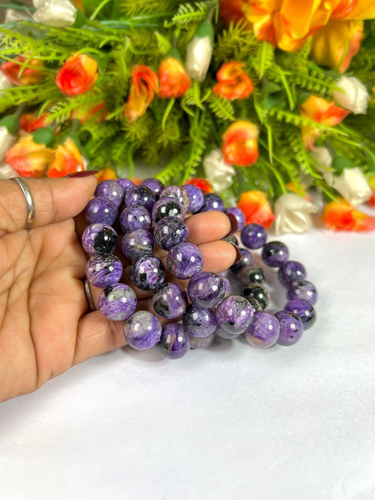 13 MM Charoite Stone Bracelet l Stretchable Bracelet l Unisex Bracelet