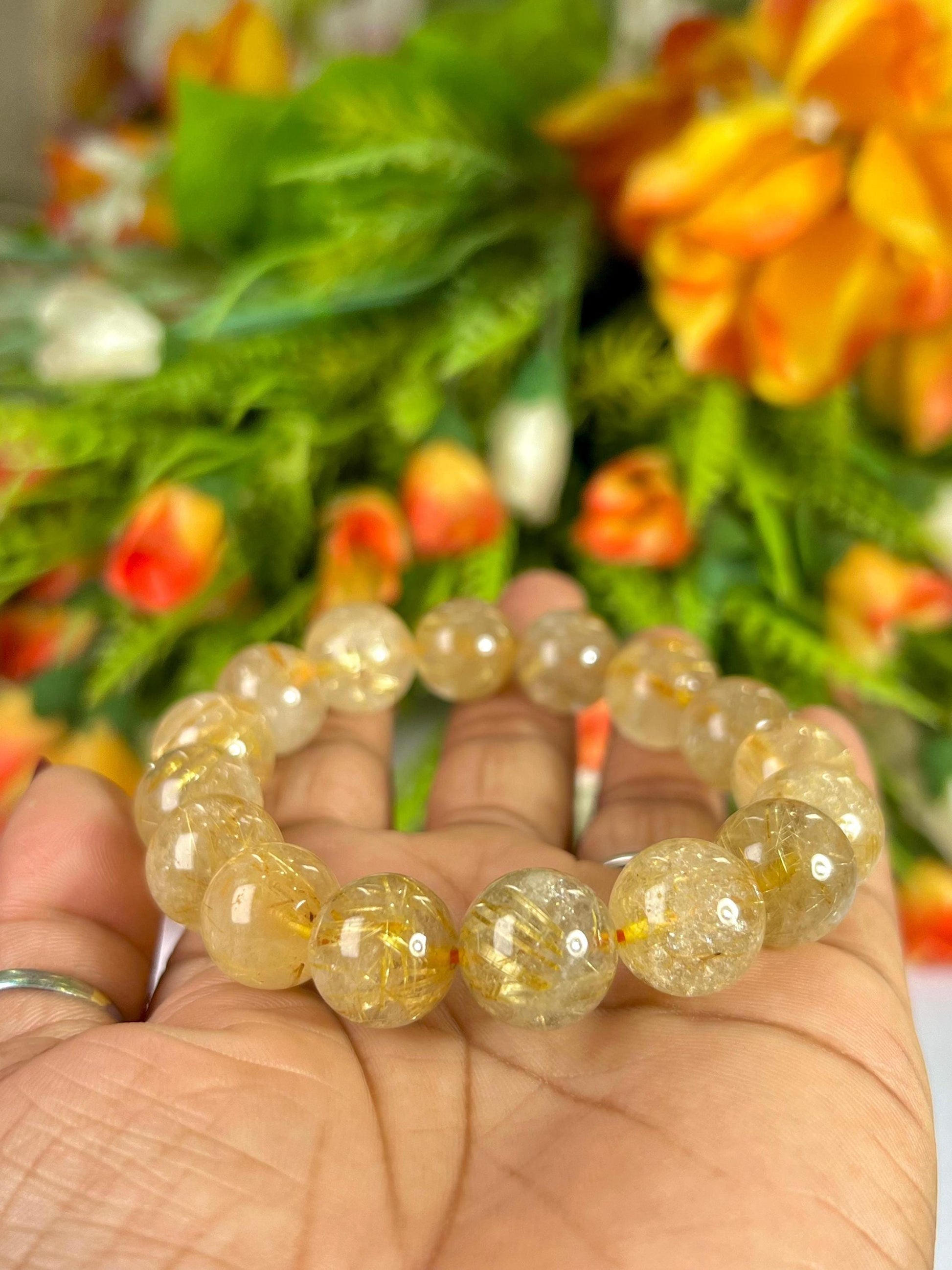 13 MM Golden Rutilated Quartz Stone Bracelet l Stretchable Bracelet l Unisex Bracelet