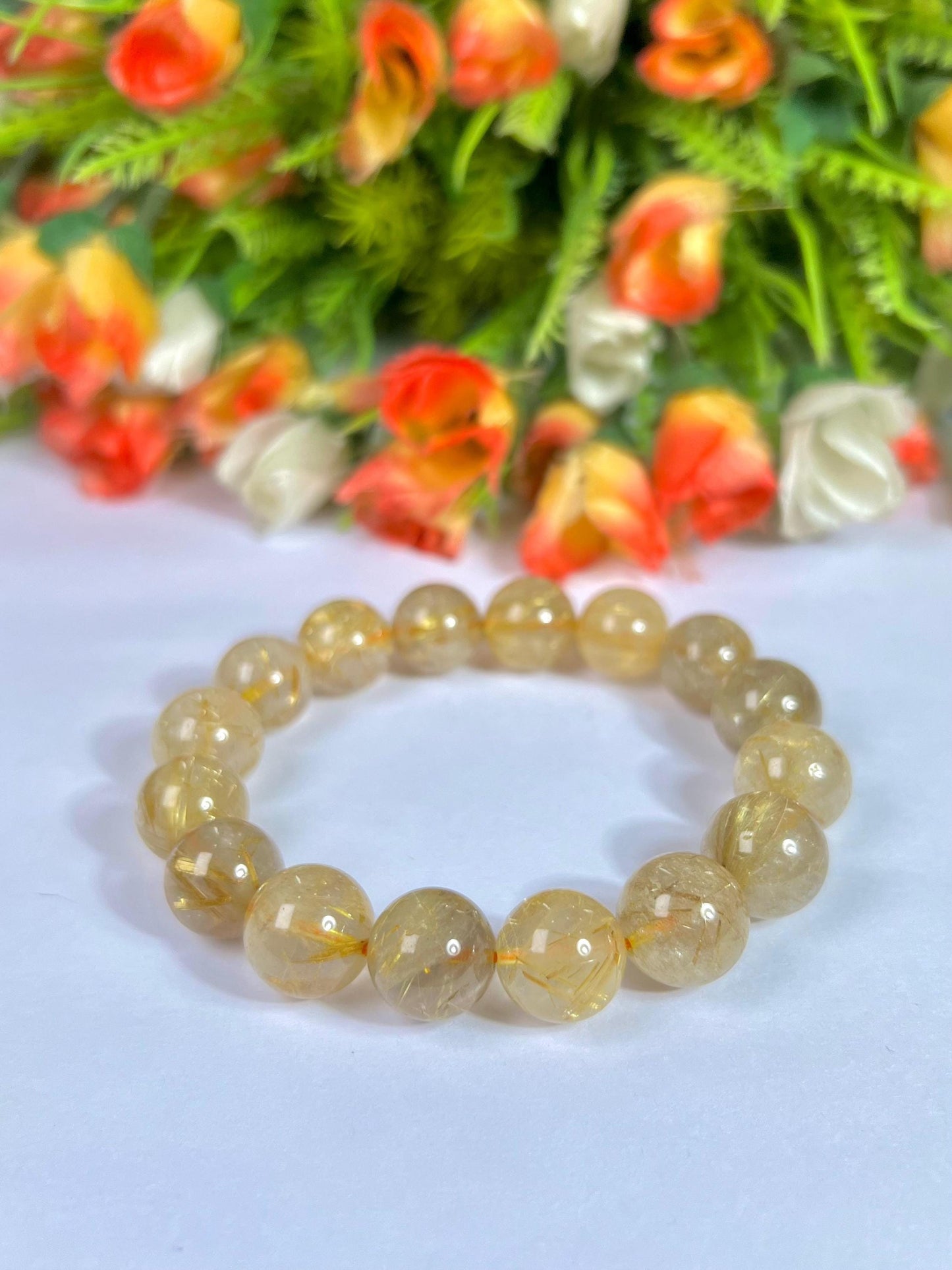13 MM Golden Rutilated Quartz Stone Bracelet l Stretchable Bracelet l Unisex Bracelet