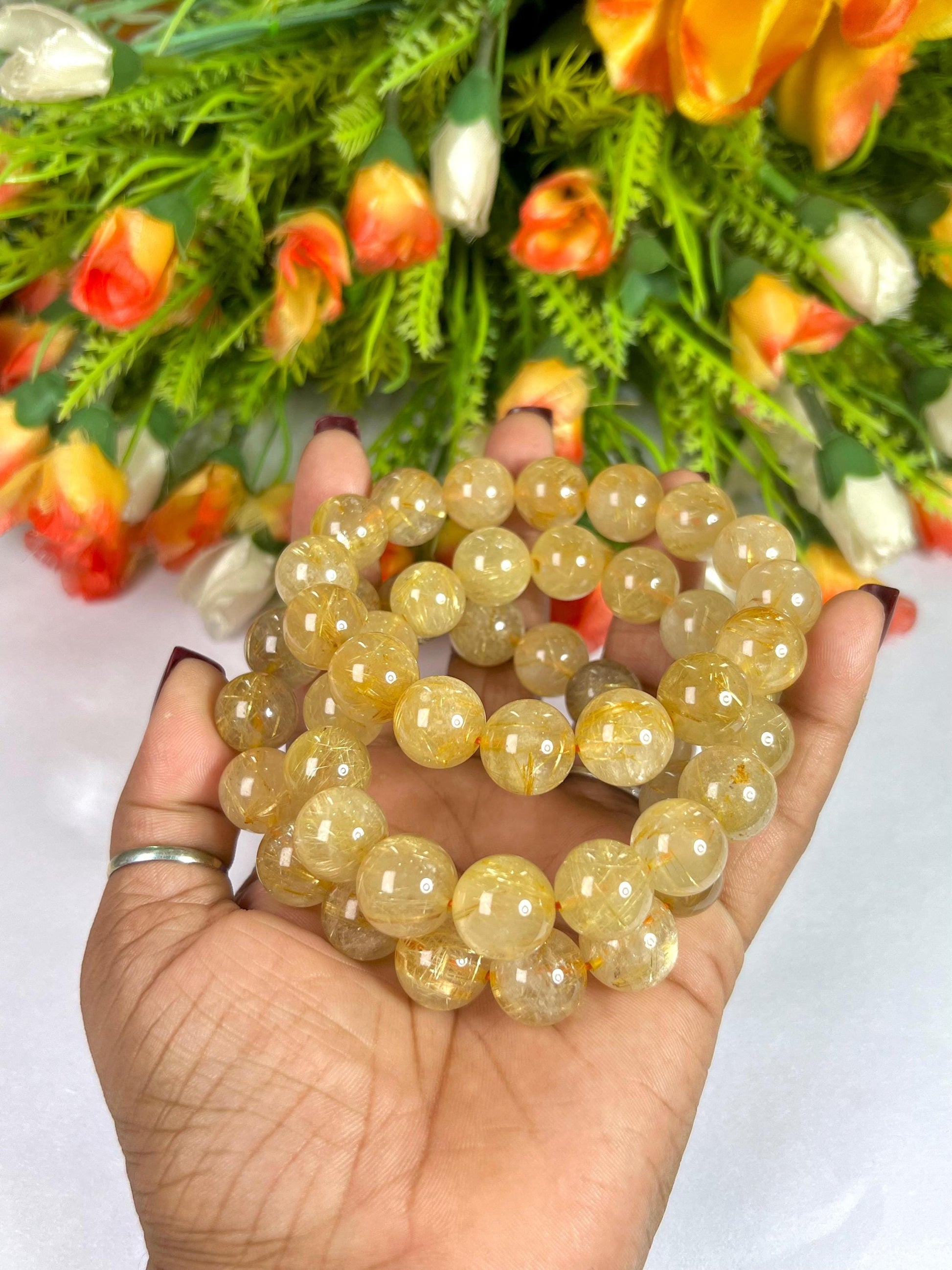 13 MM Golden Rutilated Quartz Stone Bracelet l Stretchable Bracelet l Unisex Bracelet