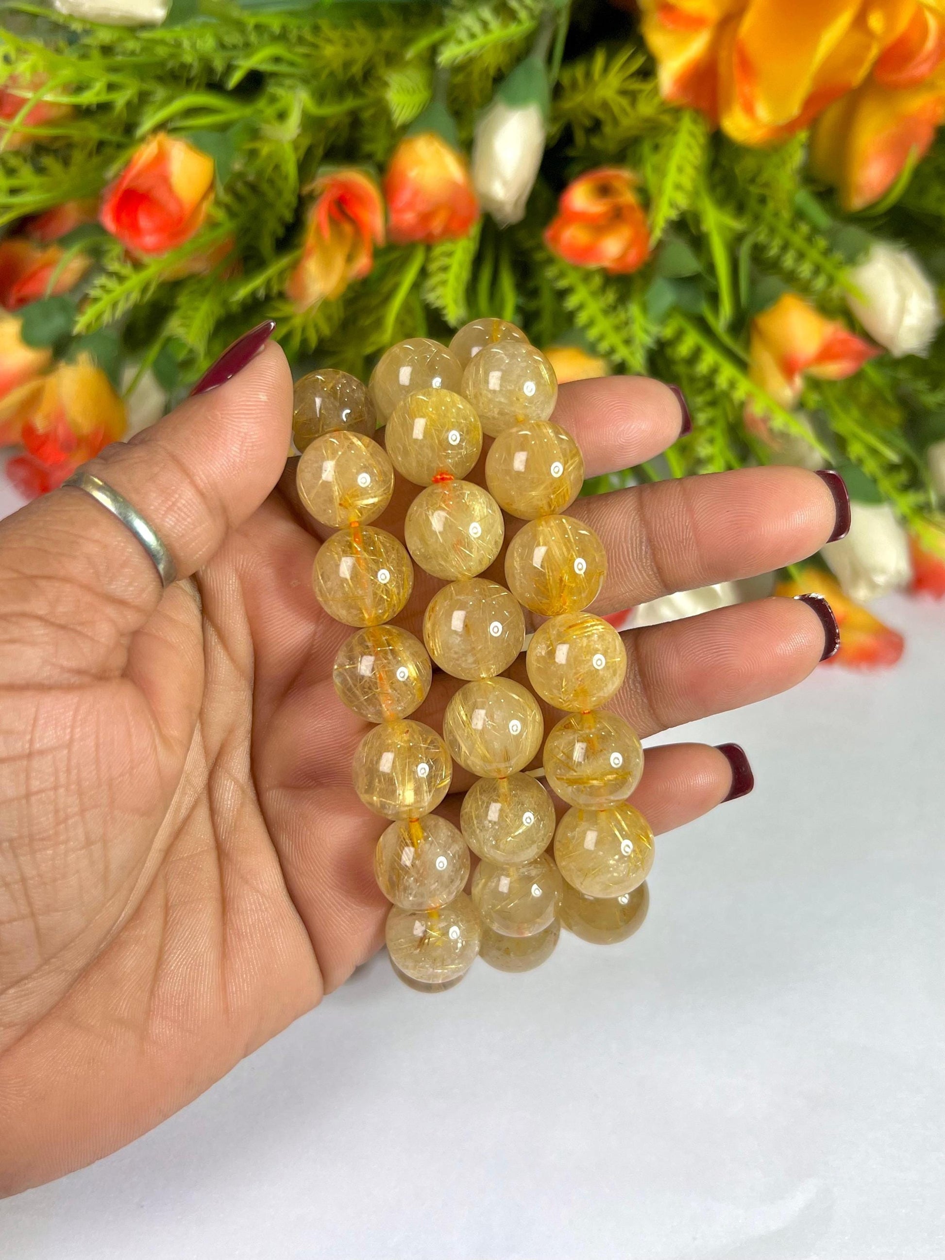 13 MM Golden Rutilated Quartz Stone Bracelet l Stretchable Bracelet l Unisex Bracelet