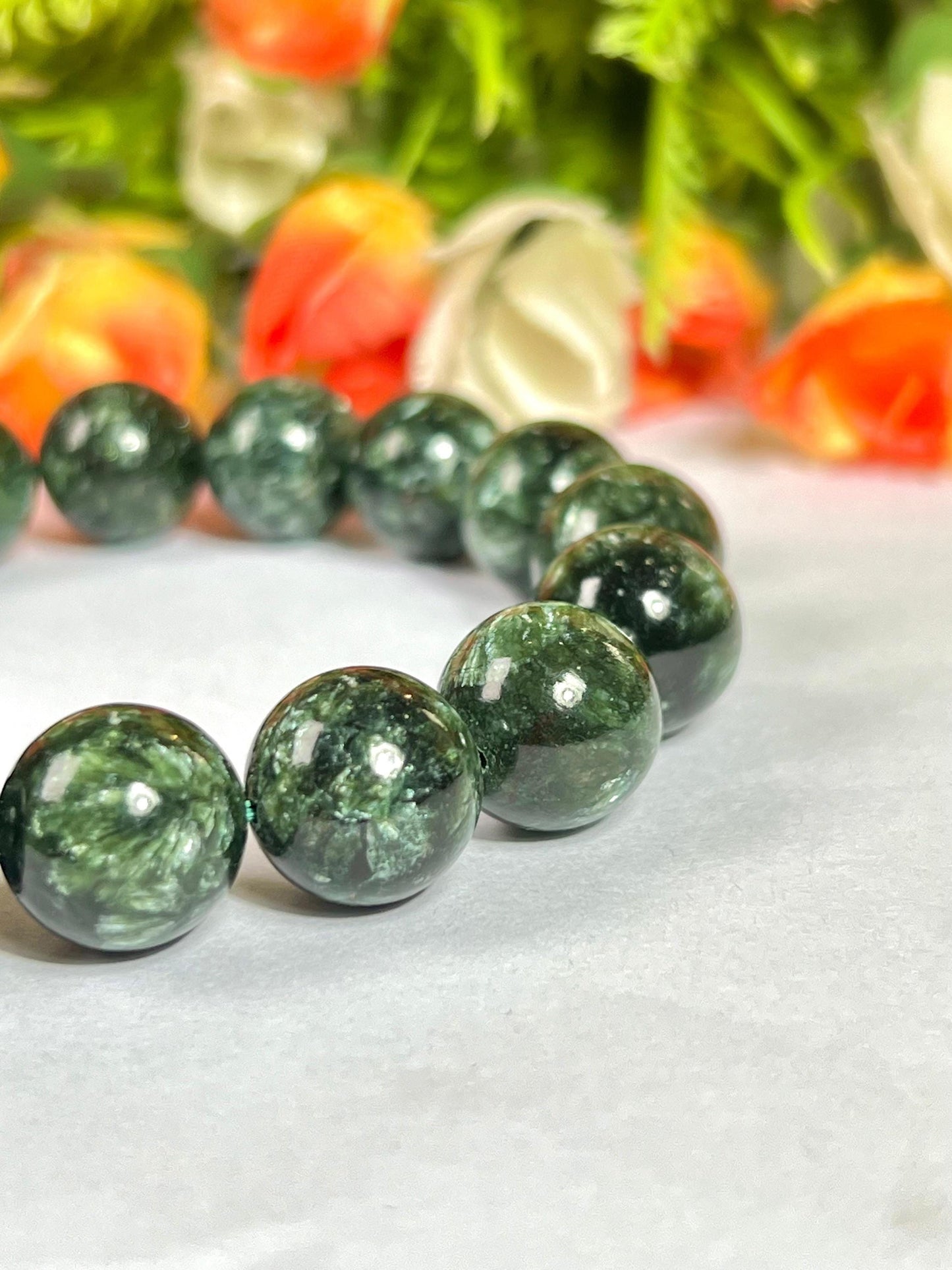 13 MM Seraphinite Stone Bracelet l Stretchable Bracelet l Unisex Bracelet
